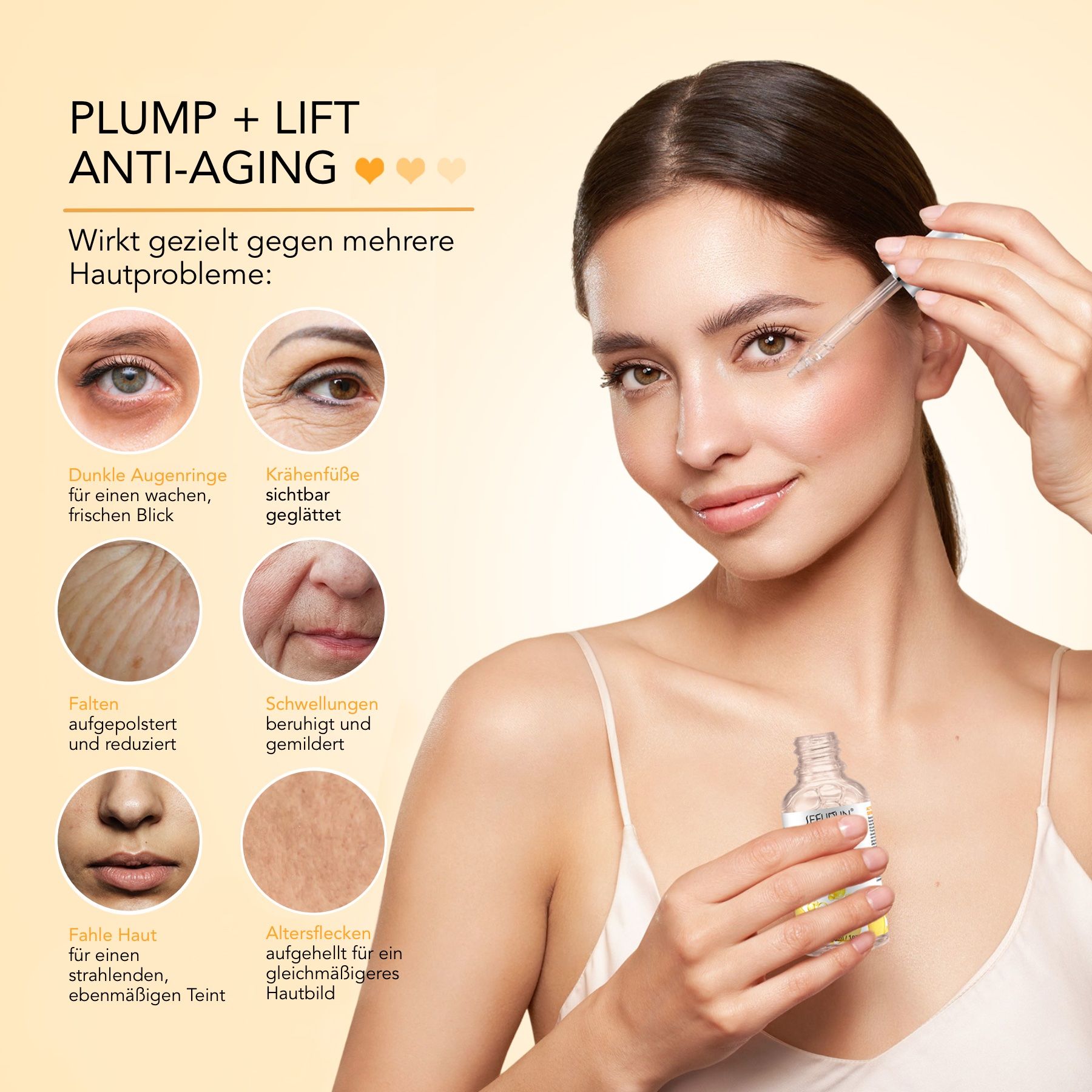 Frau mit Gesicht. Pipette mit Serum. Text: Plump + Lift Anti-Aging. Diagramm mit Hautproblemen.