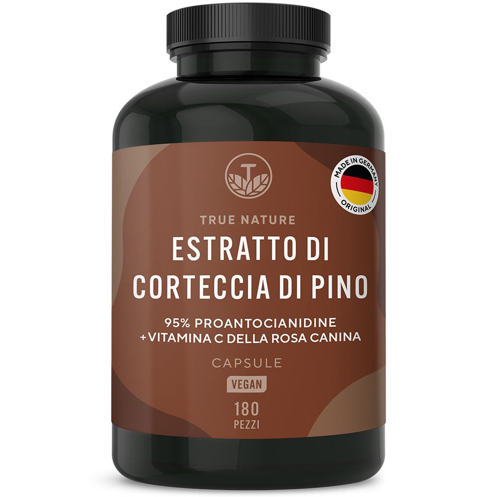 Flacone di capsule marrone con informazioni sul prodotto. Testo: TRUE NATURE, Estratto di corteccia di pino, 180 pezzi, vegano, Made in Germany.