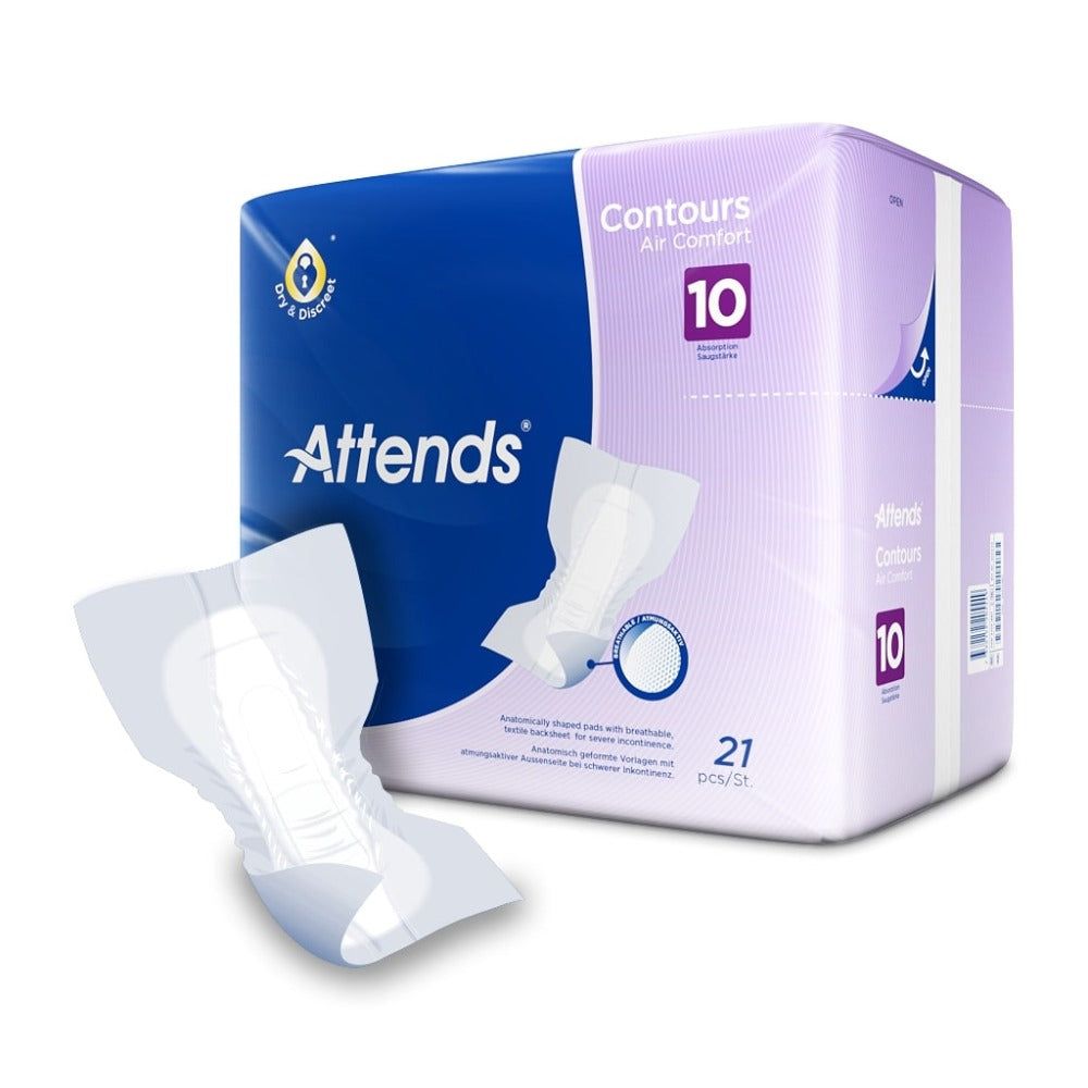 Attends Contours Air Comfort 10 Vorlagen. Anatomisch geformte Vorlagen. Verpackung mit 10 Stück. Produkt und Verpackung in Blau und Weiß.