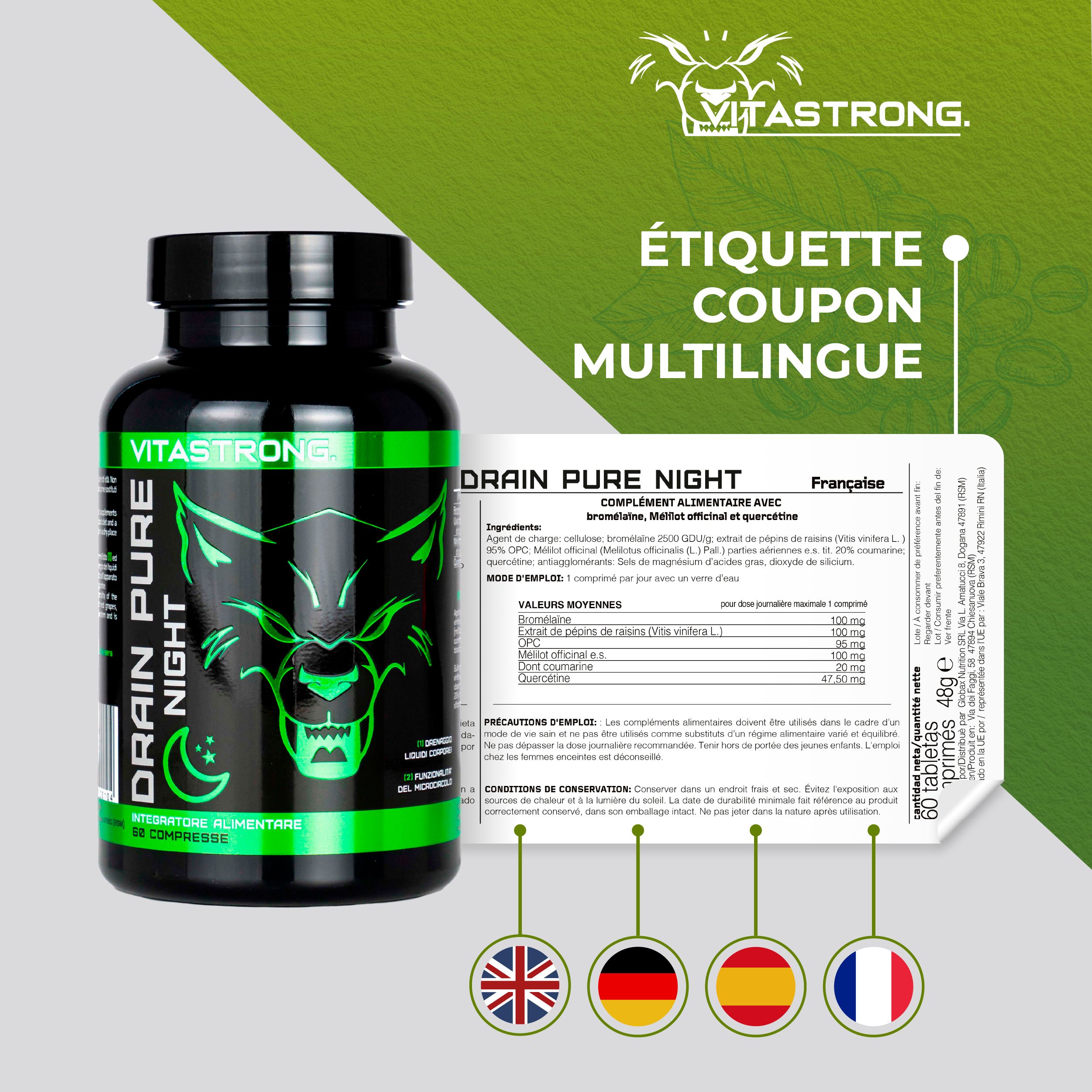 Étiquette produit avec texte multilingue. Marque: VITASTORNG. Produit: DRAIN PURE NIGHT. Plusieurs drapeaux.