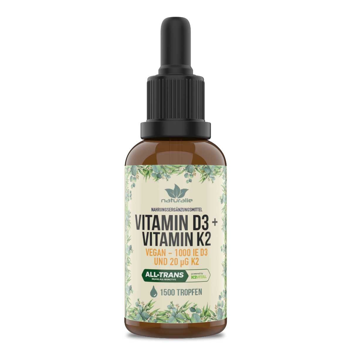 Naturalie Vitamin D3 und K2 MK7 Tropfen hochdosiert in Olivenöl 50 ml