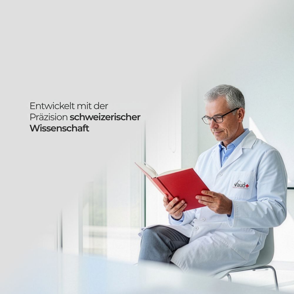 Mann im weißen Laborkittel liest ein rotes Buch. Text: Entwickelt mit der Präzision schweizerischer Wissenschaft.