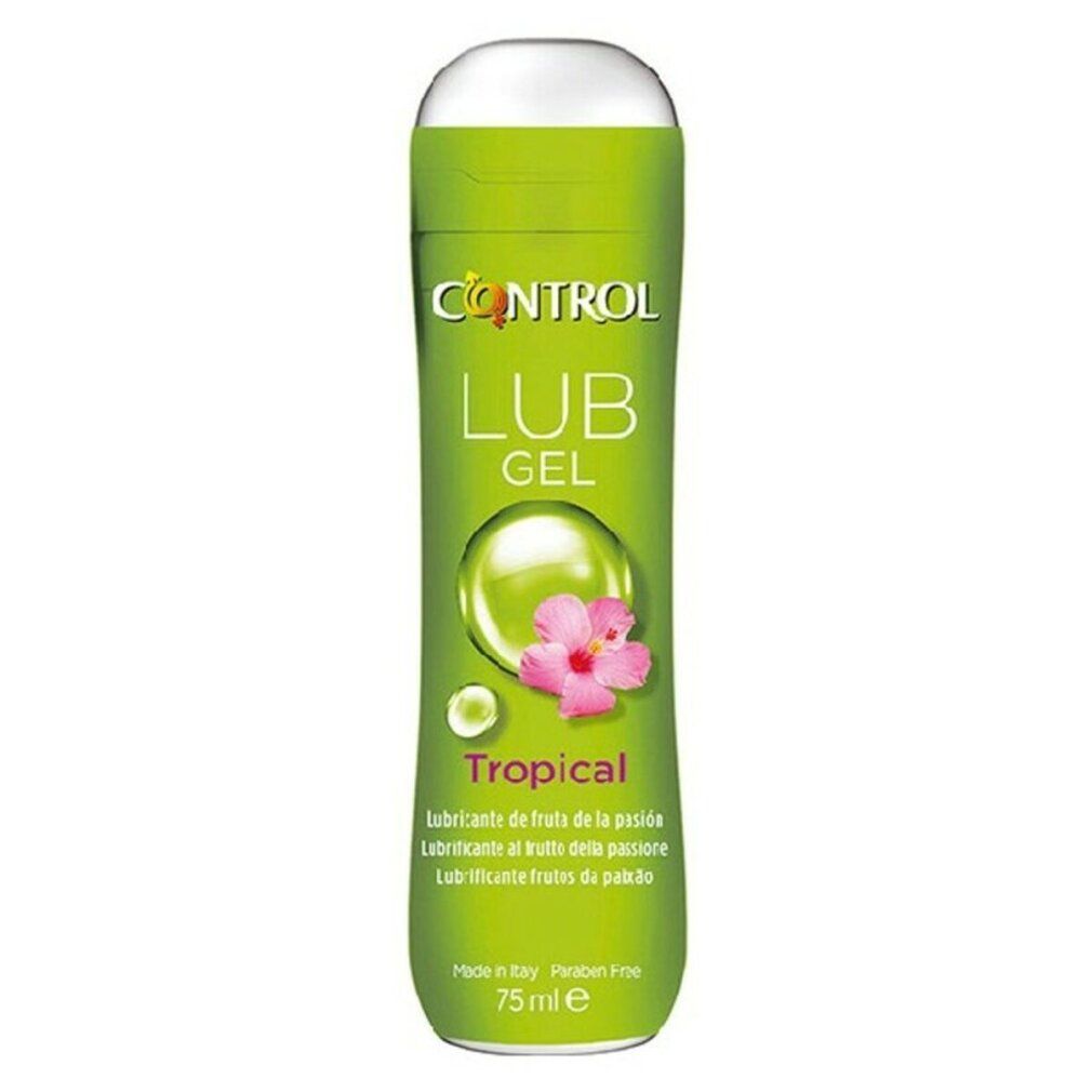 Grüne Flasche mit weißem Deckel. Aufschrift: CONTROL LUB GEL Tropical. Enthält 75 ml. Mit Abbildung einer Blüte.