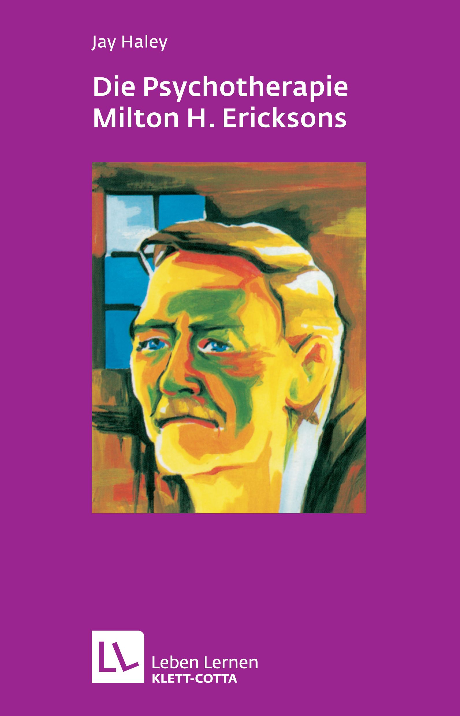 Buchcover: "Die Psychotherapie Milton H. Ericksons". Porträt von Milton H. Erickson. Lila Hintergrund. Verlag Klett-Cotta.