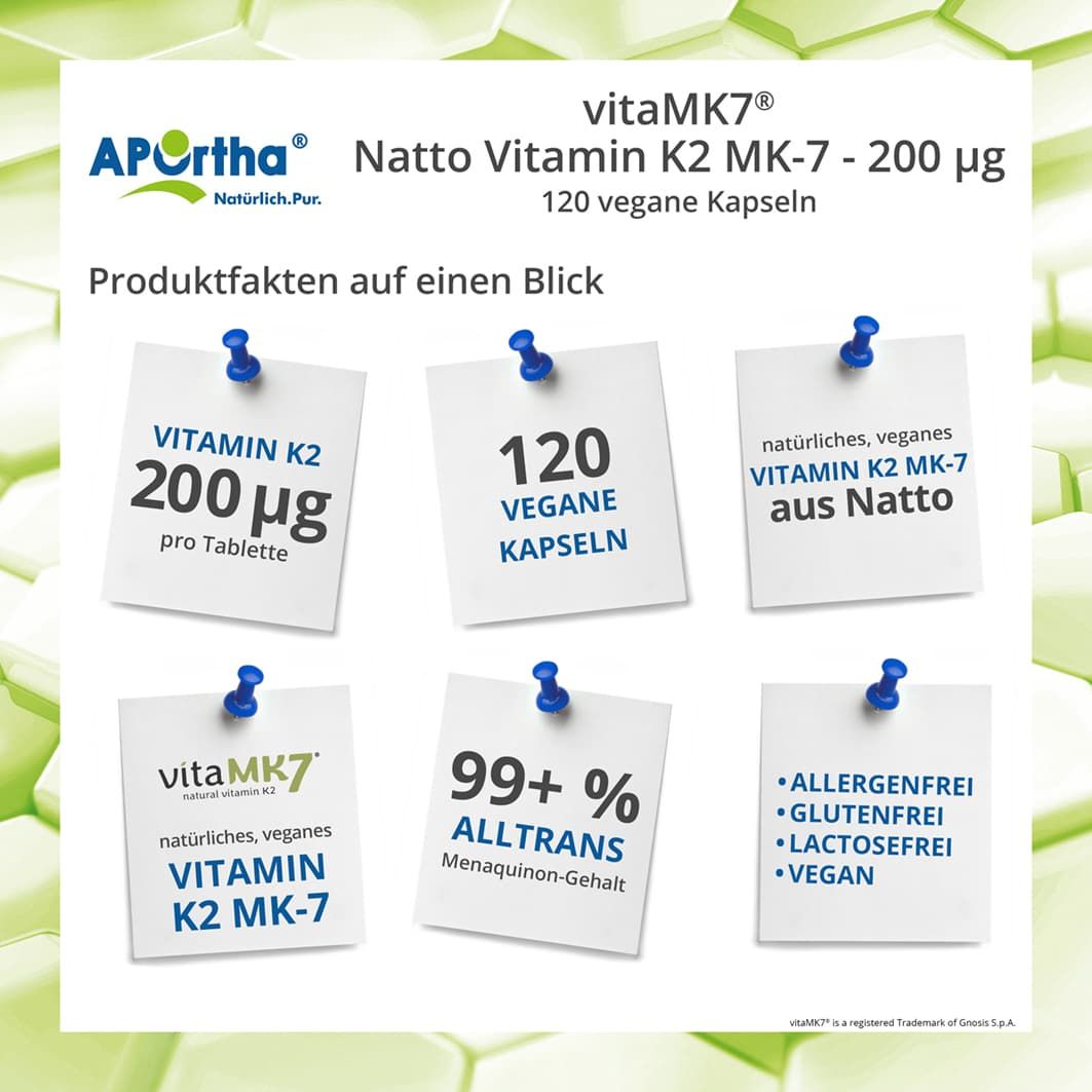 Notizzettel mit Informationen zu APOrtha® vitaMK7® Kapseln: Vitamin K2, 120 vegane Kapseln, aus Natto, allergenfrei, glutenfrei, laktosefrei, vegan.