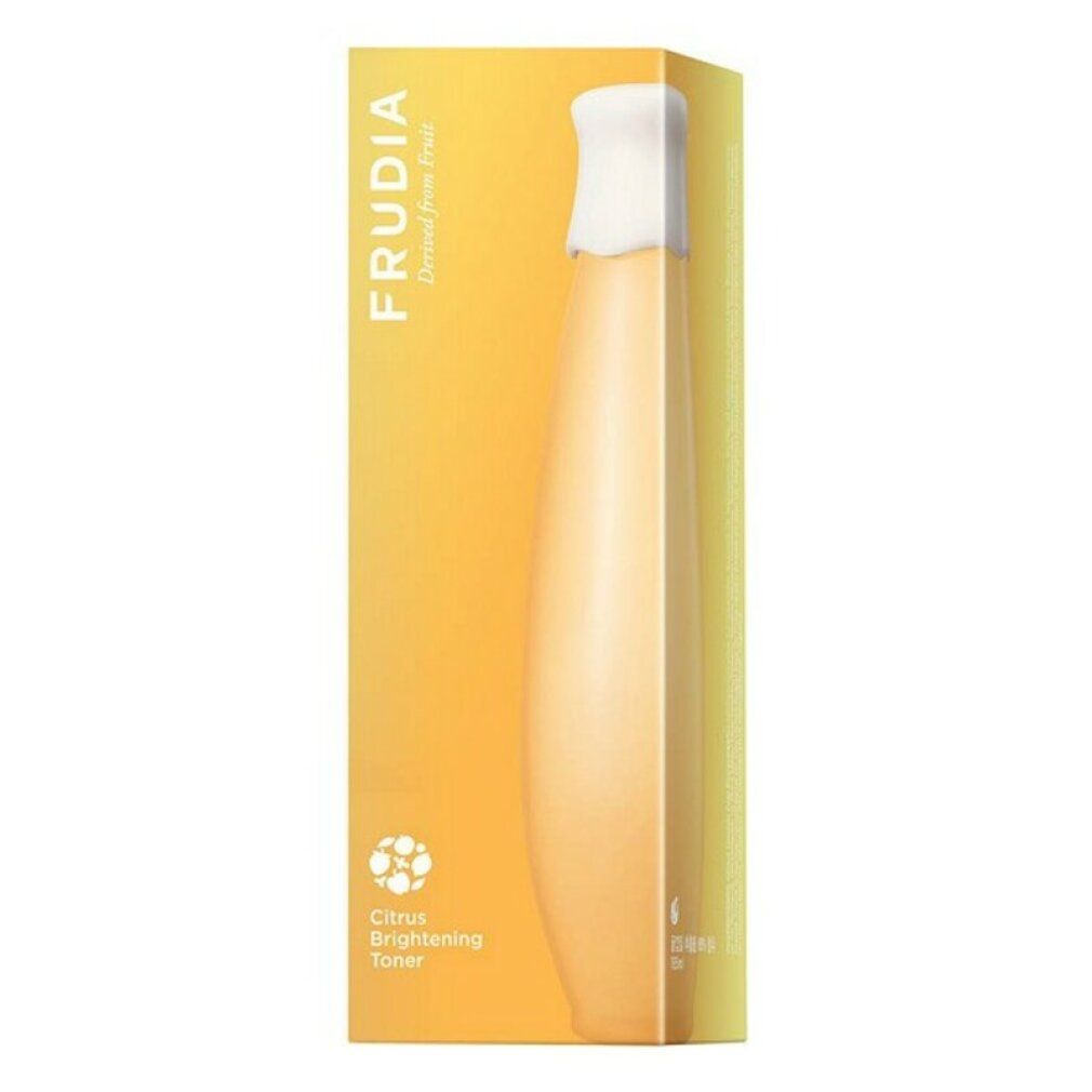 Gelbe Verpackung mit einer Flasche. Auf der Verpackung steht Frudia Citrus Brightening Toner.
