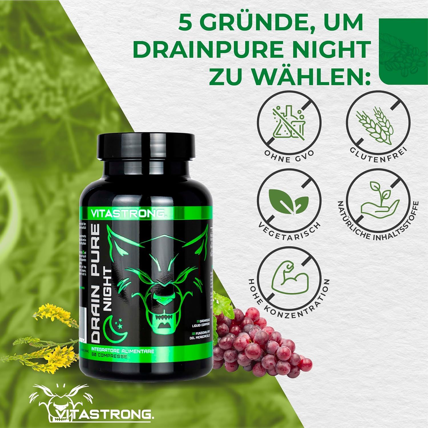Vitastrong Drainpure Night. Flasche mit 60 Tabletten. 5 Gründe zur Wahl. Ohne GVO, glutenfrei, vegetarisch, natürliche Inhaltsstoffe.