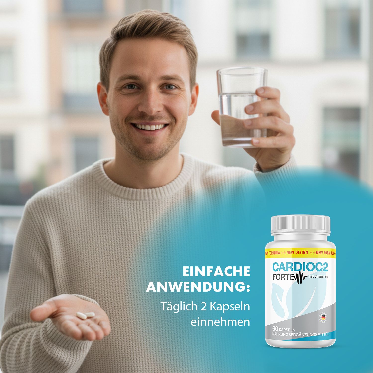 Mann hält Kapseln und Glas Wasser. Aufschrift: CARDIOC2 FORTE mit Vitaminen. 60 Kapseln. Anwendung: Täglich 2 Kapseln einnehmen.