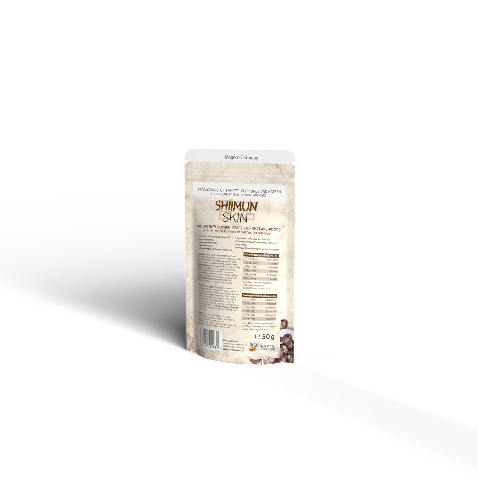 Rückseite eines Beutels mit Produktnamen und Logo. Text und Nährwertangaben. Shiimun Skin.