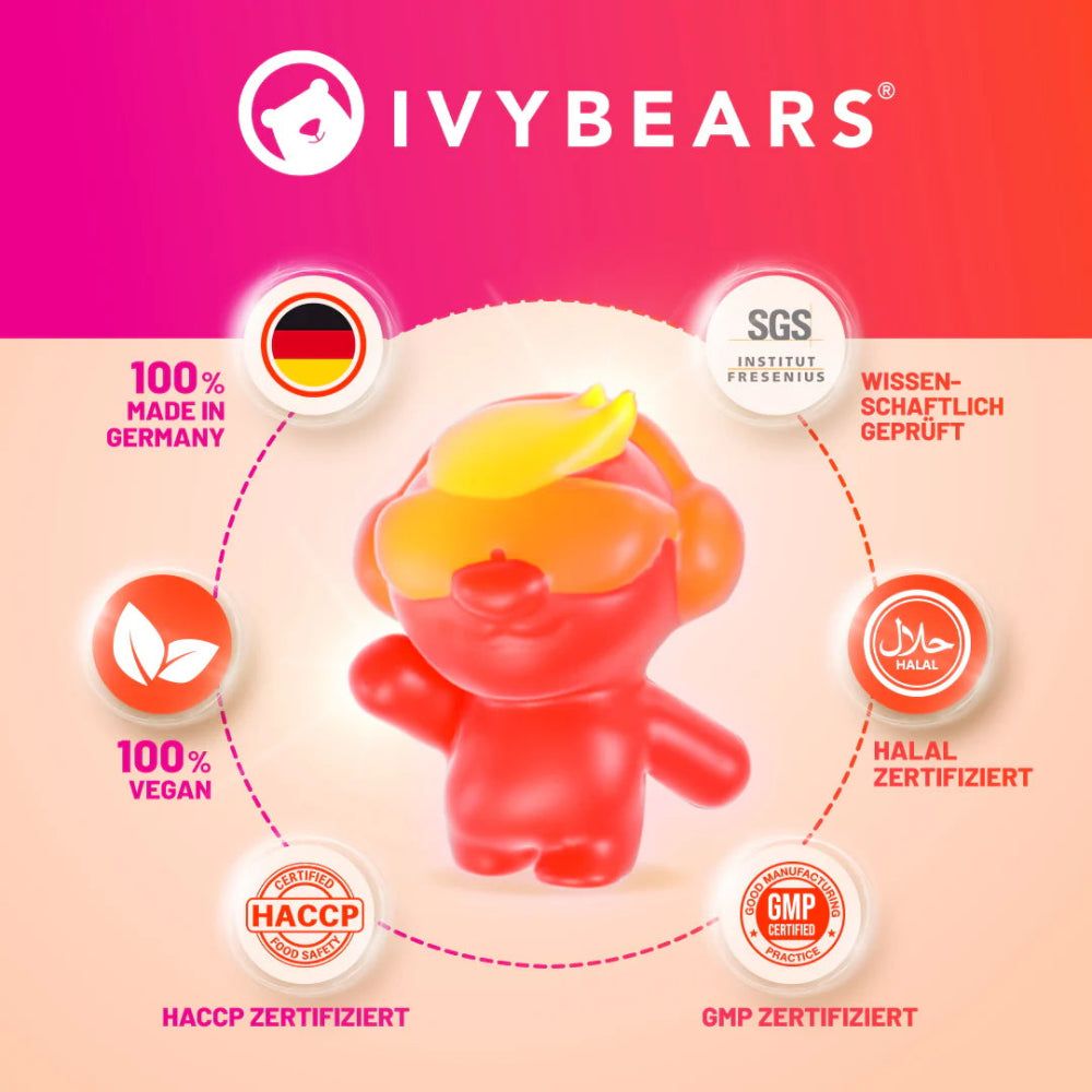 Roter Gummibär mit gelbem Kopf, umgeben von Zertifizierungen: 100% Made in Germany, Vegan, Halal, HACCP, GMP, SGS. Logo: IVYBEARS.