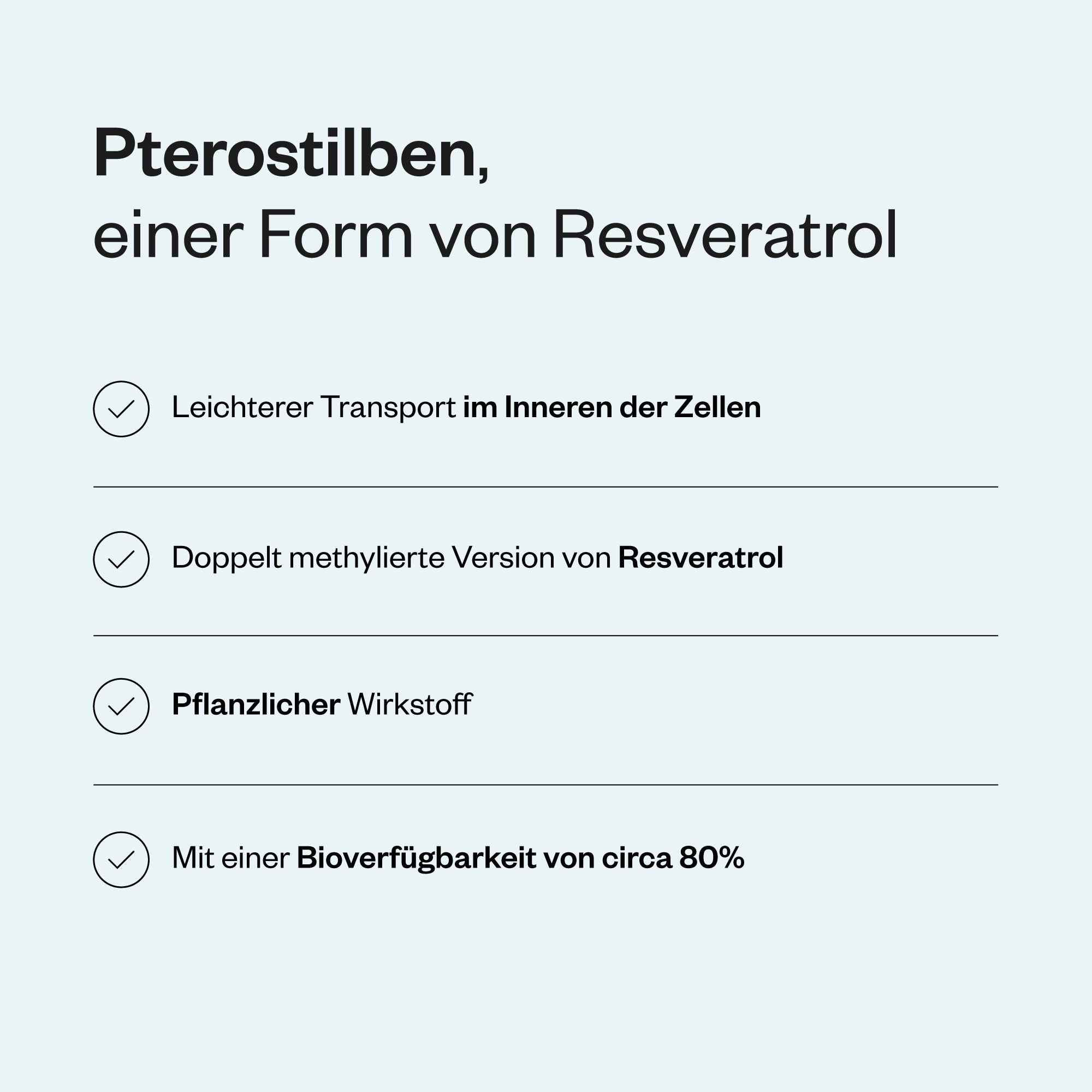 Text mit Informationen über Pterostilben, eine Form von Resveratrol. Aufzählungspunkte mit Vorteilen. Hintergrund in Türkis.