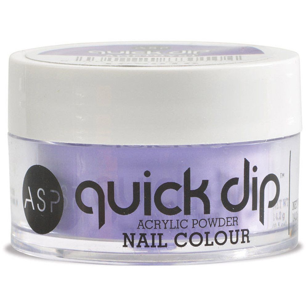 Behälter mit lila Acrylpulver. Aufschrift "quick dip" und "NAIL COLOUR". Marke ASP.
