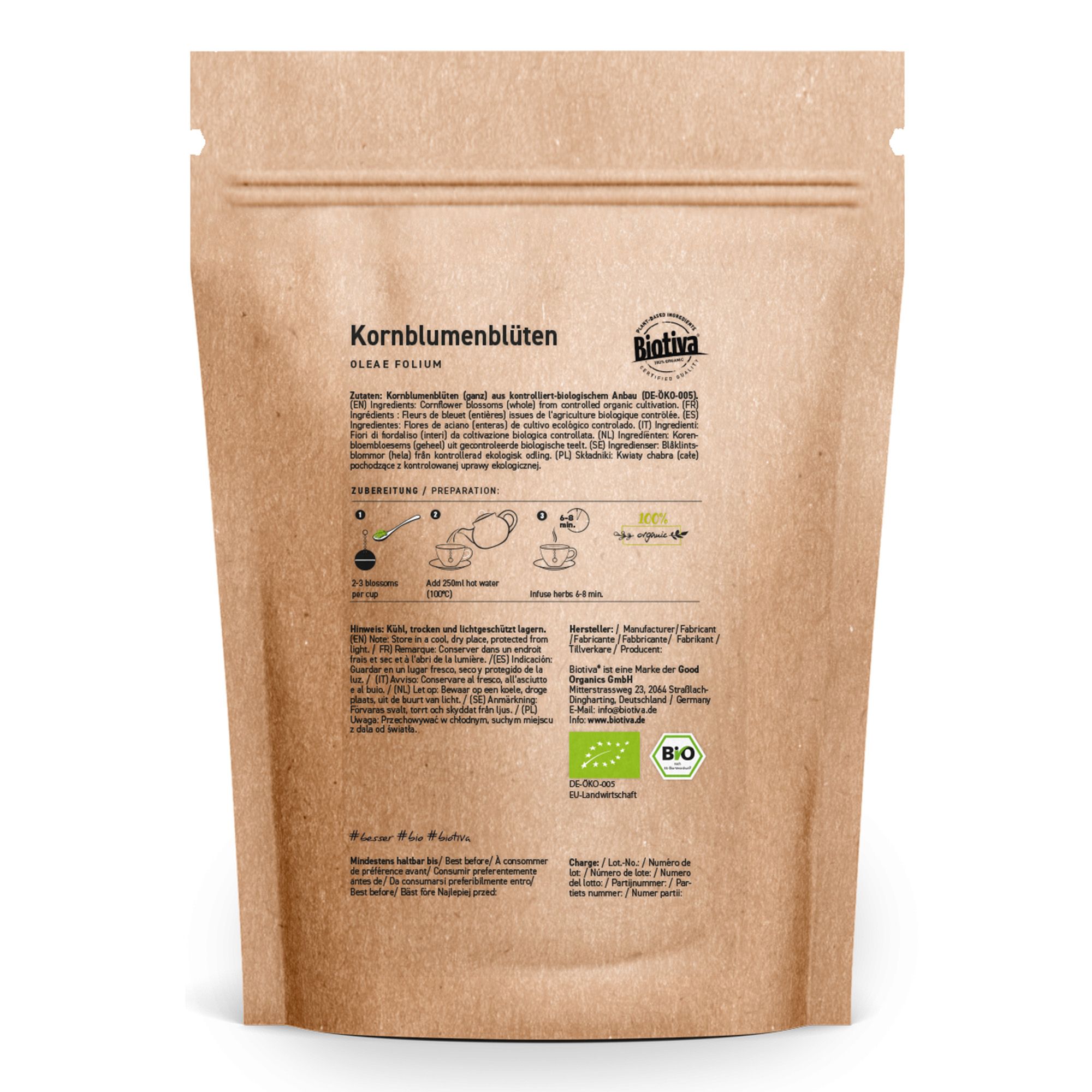 Braune Tüte mit Aufschrift "Kornblumenblüten" und "Biotiva" Logo. Bio-Zertifizierung. Zubereitungshinweise.