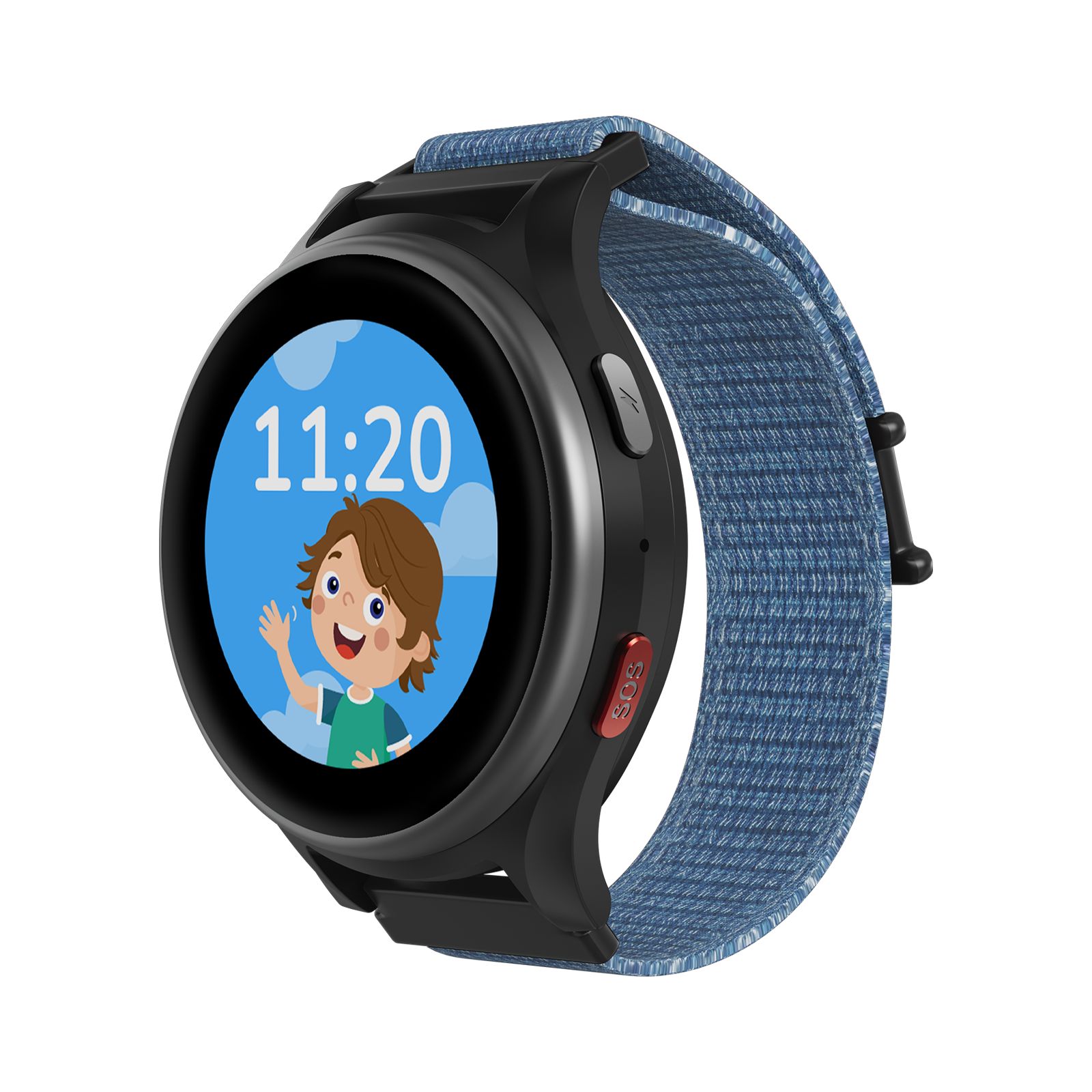 Schwarze Smartwatch mit blauem Armband. Auf dem Display: Uhrzeit 11:20 und ein lächelnder Cartoon-Junge. Roter Knopf.