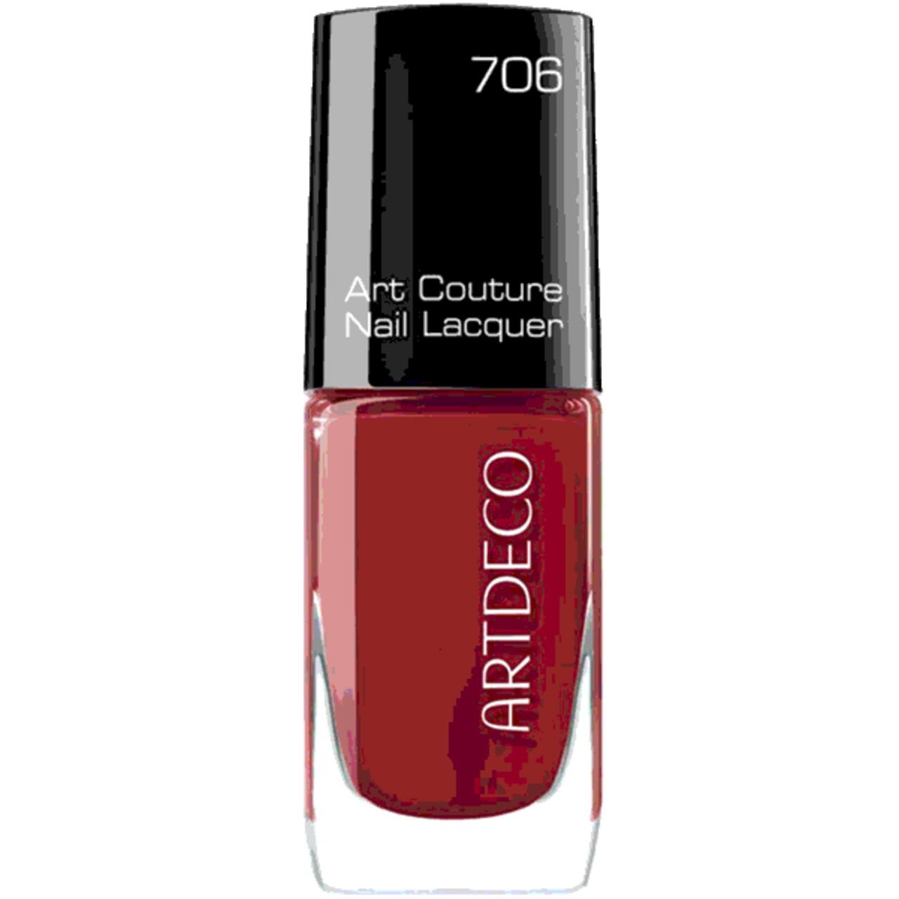 Nagellackflasche, rot, mit schwarzem Deckel. Aufschrift: Artdeco, Art Couture Nail Lacquer, Farbnummer 706.
