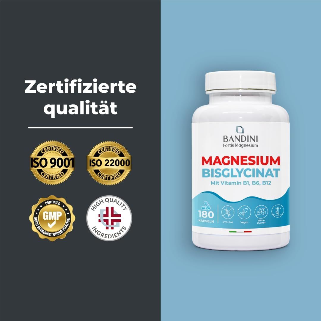 Weiße Flasche mit Bandini Magnesiumbisglycinat Kapseln. Aufschrift: Magnesium Bisglycinat, Vitamin B1, B6, B12. 180 Kapseln. Zertifizierungen.