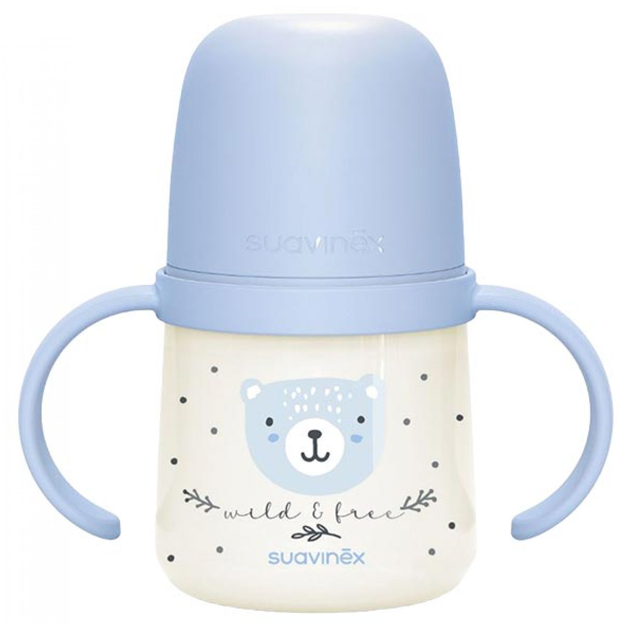 Suavinex Night & Day Babyflasche mit Henkel und Weichem Trinkschnabel 6 Monate älter (Blau) 7,3x12,5x13,5 cm