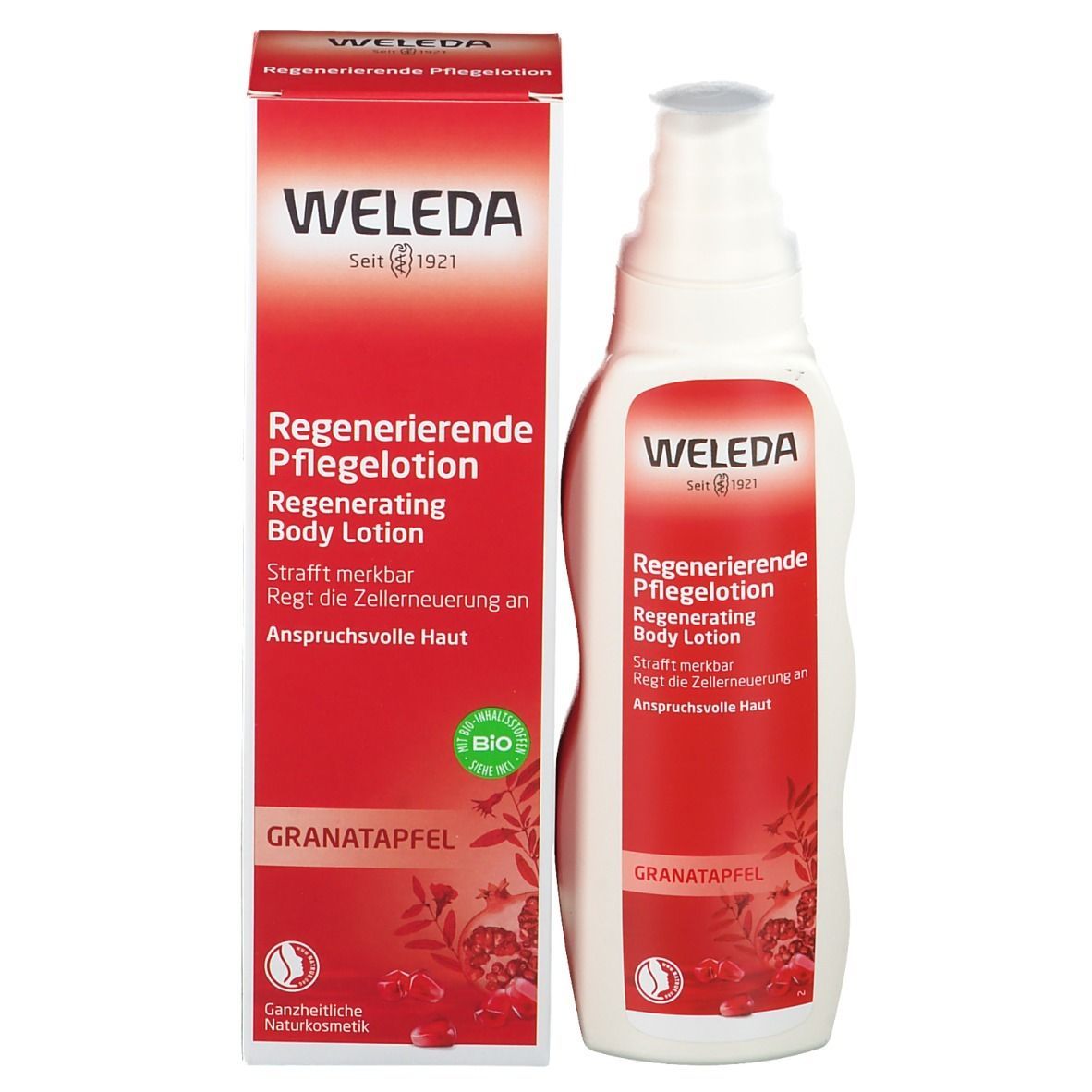 Weleda Pflegelotion und Verpackung. Flasche und Schachtel. Rote Verpackung mit Produktinformationen.