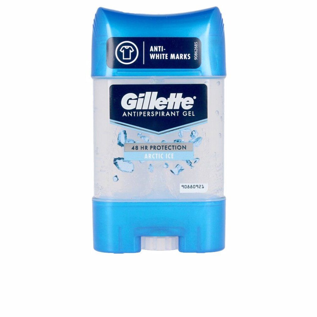 Deo-Gel mit blauem Deckel und Boden. Aufschrift: Gillette, Antitranspirant Gel, Arctic Ice. Anti-White Marks.