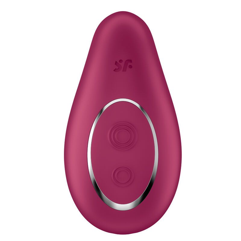 Burgunderfarbener Vibrator mit zwei Knöpfen und Tropfenform. Silberfarbener Ring um die Knöpfe.