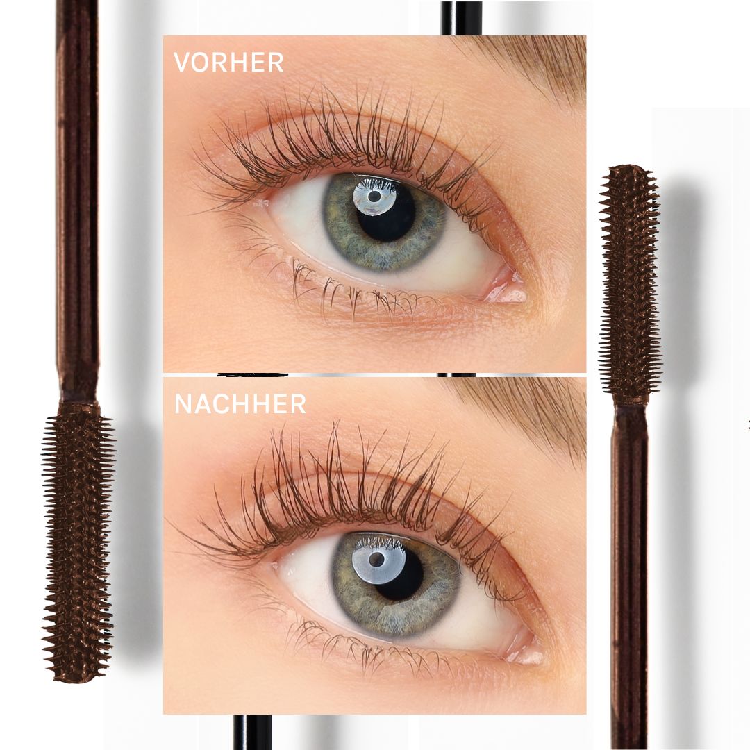 Vergleich: Auge vor und nach dem Auftragen von Cosline braunem Mascara.