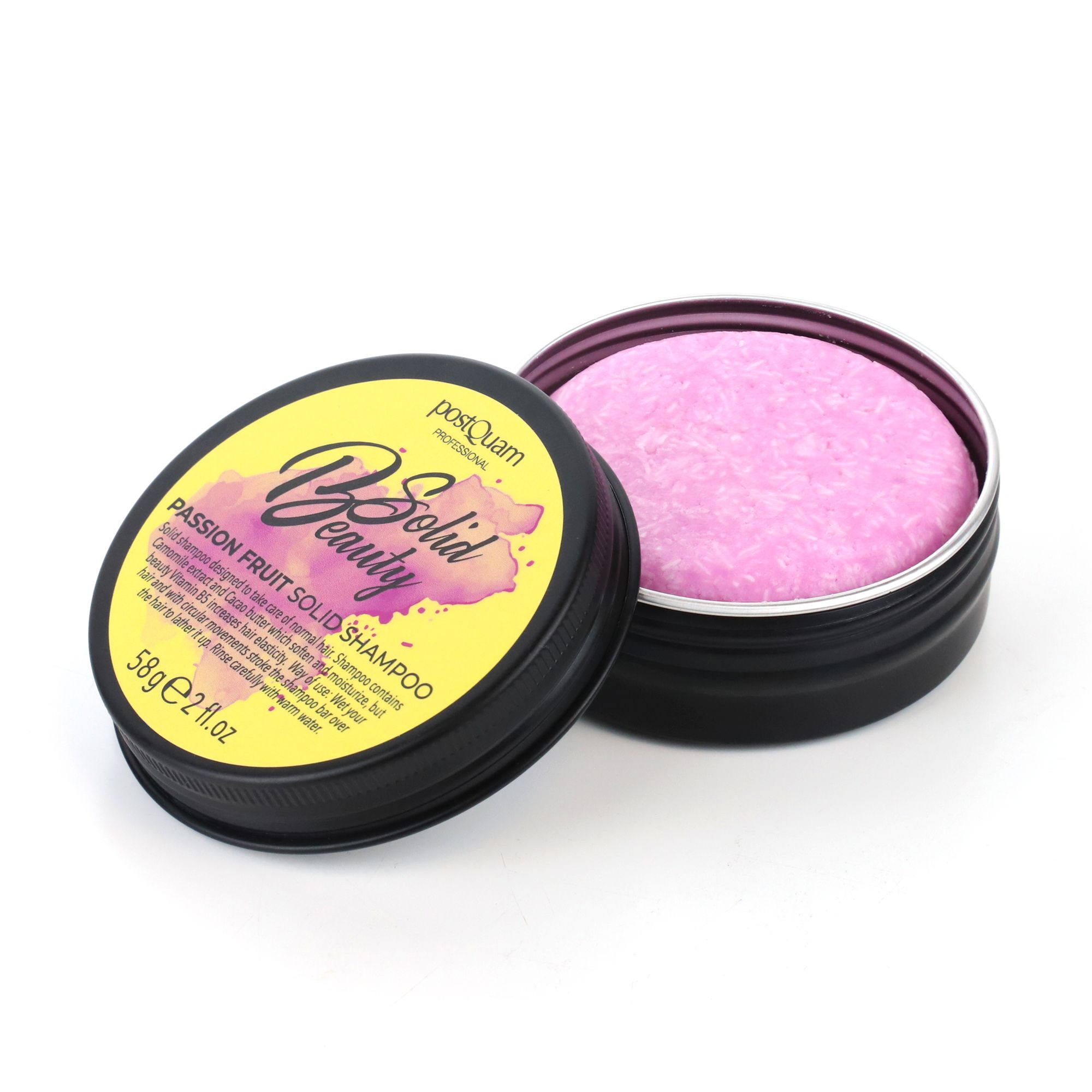 Runder, rosa Festes Shampoo in schwarzer Dose mit gelbem Deckel. Aufschrift: B Solid Beauty, Passion Fruit Solid Shampoo.