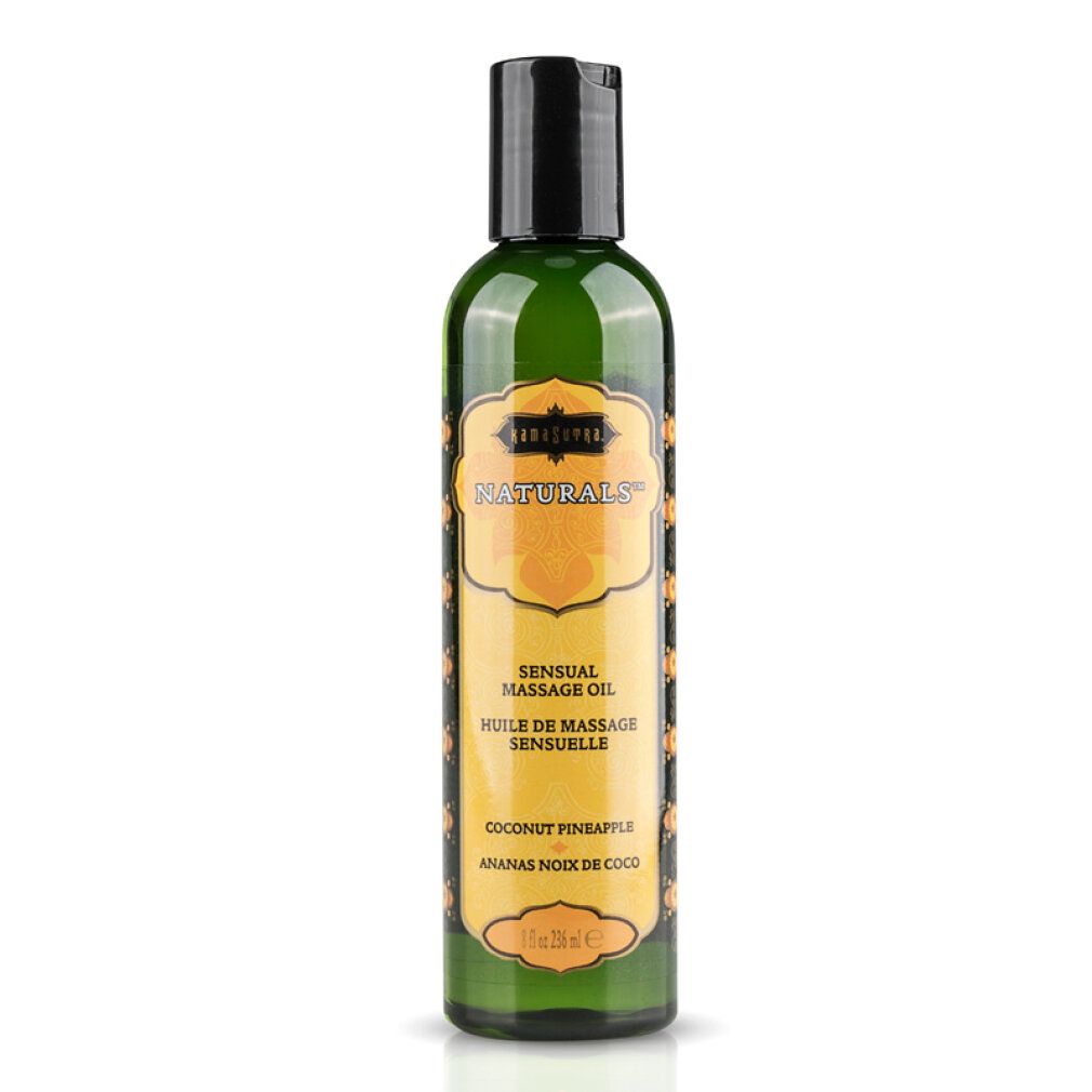 Grüne Flasche mit schwarzem Deckel. Etikett mit Schriftzug Kamasutra Naturals, Sensual Massage Oil, Kokosnuss Ananas.