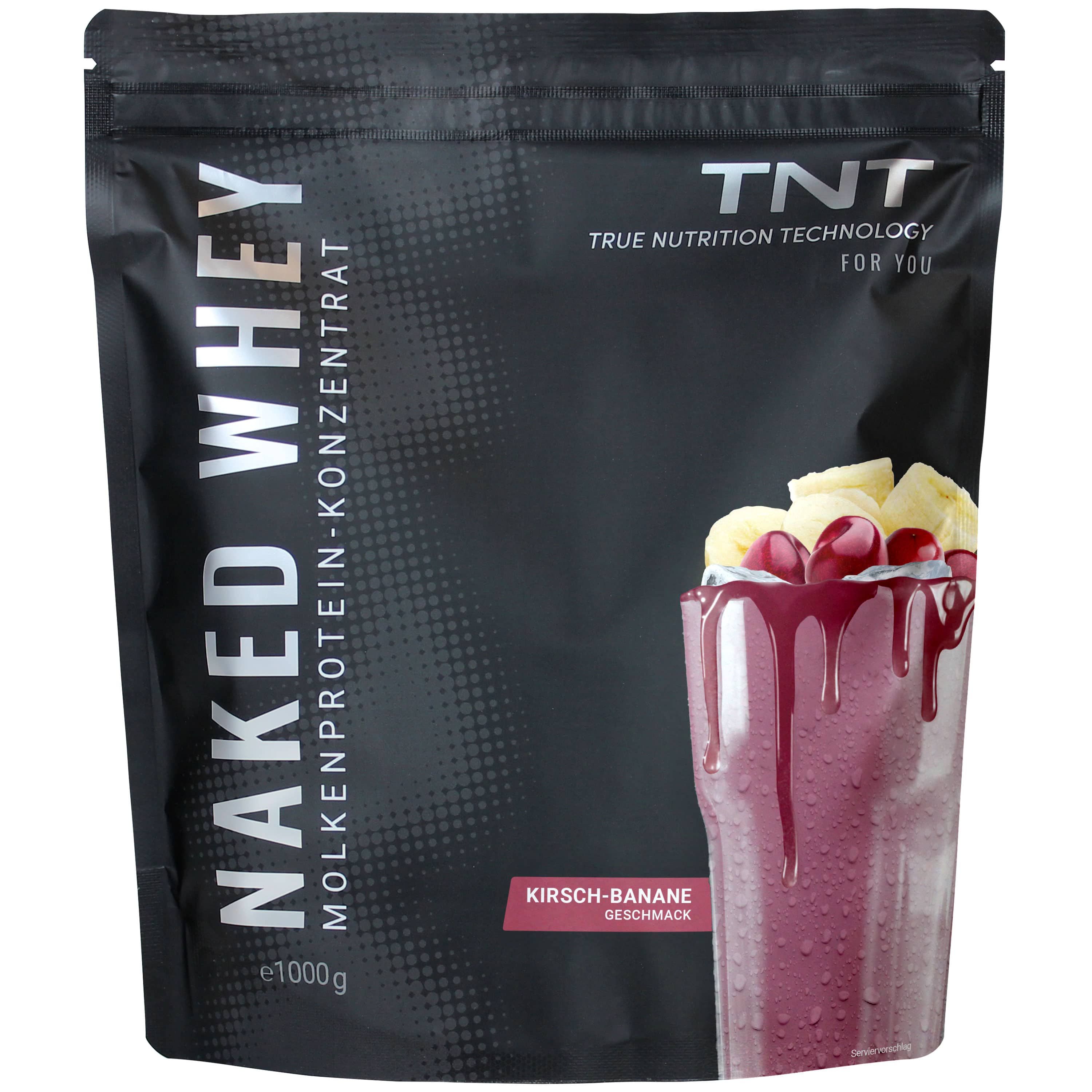 Schwarze Verpackung mit TNT Naked Whey. Abbildung eines Shakes mit Kirsch-Banane-Geschmack. e1000g.