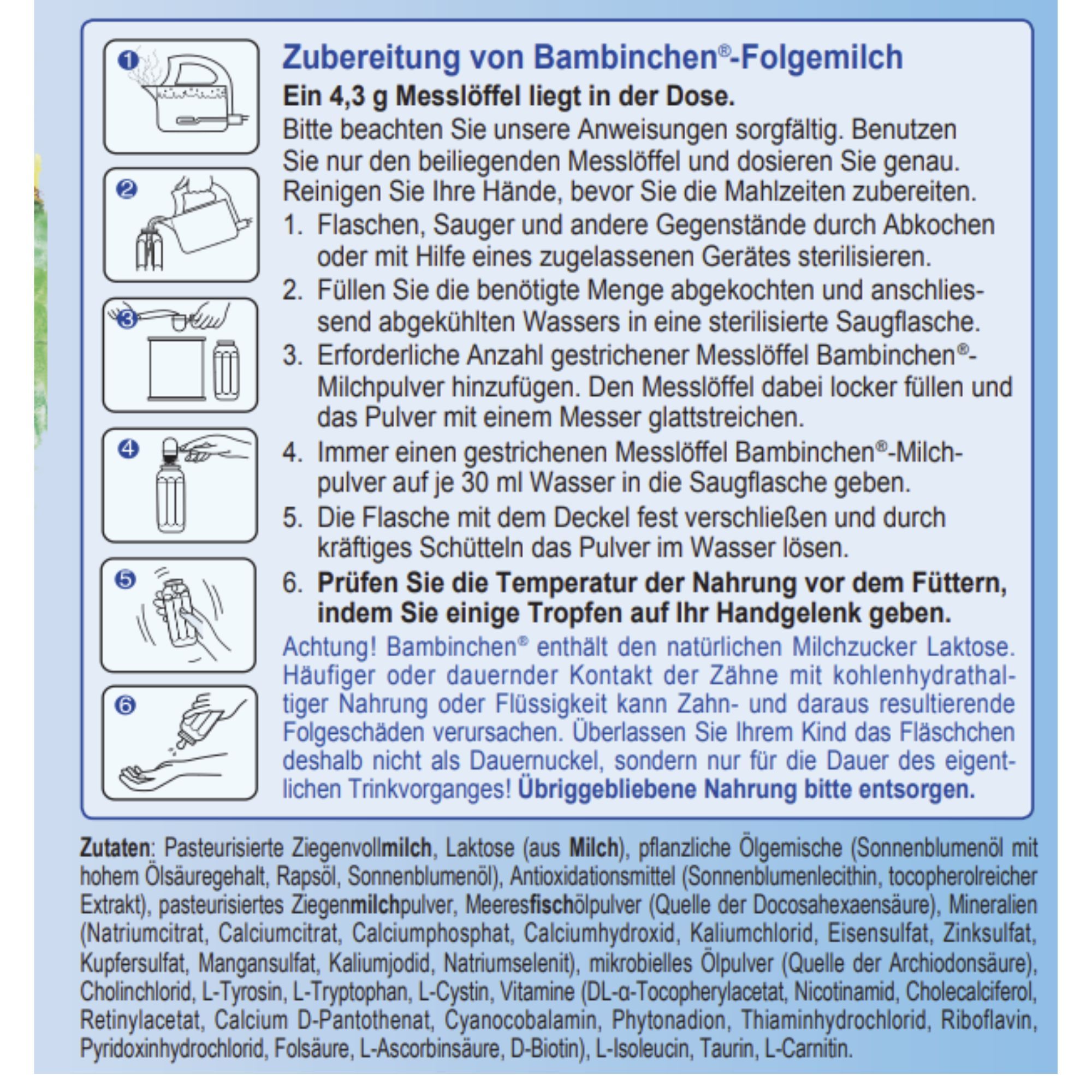 Anleitung zur Zubereitung von Bambinchen-Folgemilch. Illustrationen zeigen Schritte: Flasche sterilisieren, Wasser hinzufügen, Pulver dosieren, schütteln.