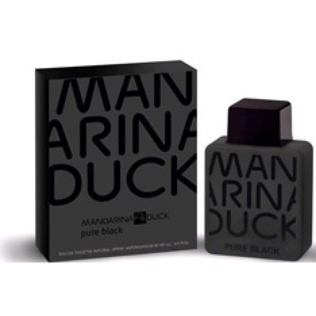 Schwarzer Flakon und Schachtel. Aufschrift: MAN, ARINA, DUCK, darunter PURE BLACK. Schachtel mit Produktinformationen.