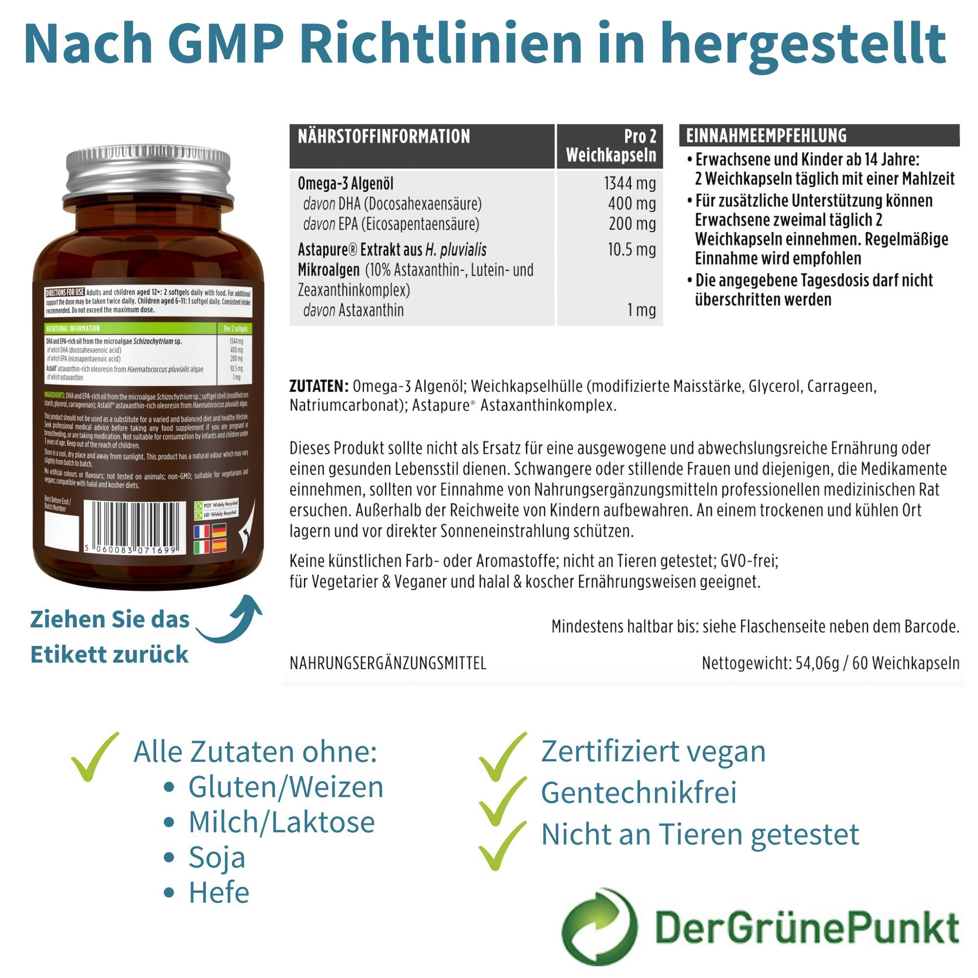 Rückseite der Flasche: Nährwertangaben, Inhaltsstoffe, Anwendungshinweise, IAOS-Siegel.