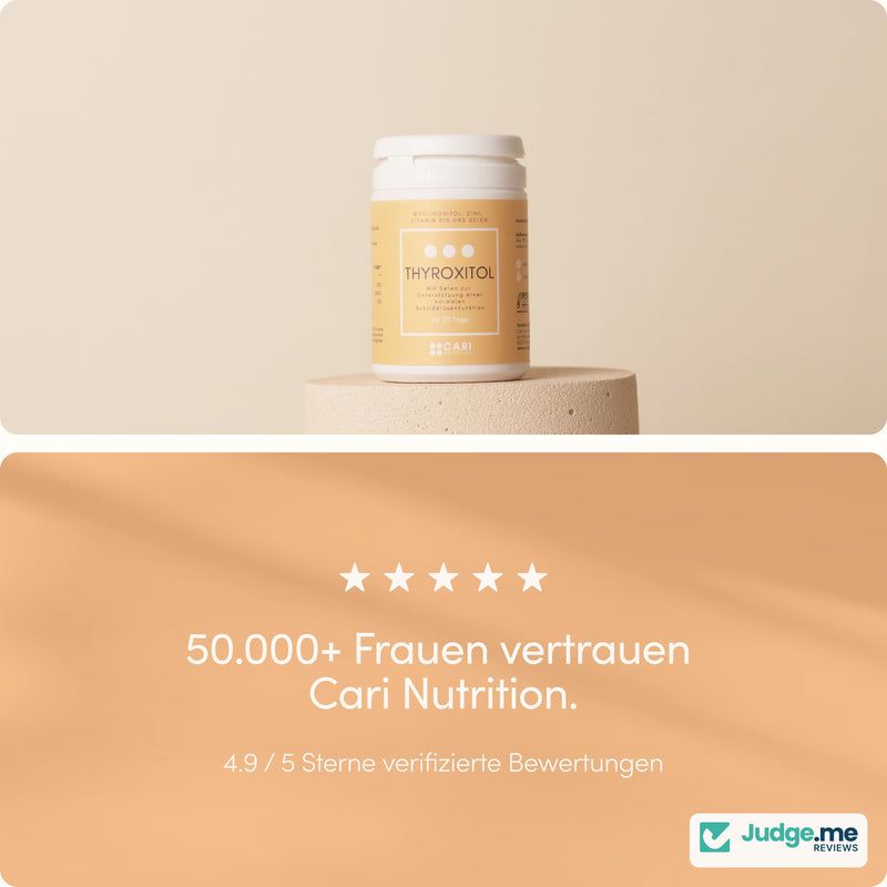 THYROXITOL Dose auf einem Podest. 50.000+ Frauen vertrauen Cari Nutrition. 4.9/5 Sterne.