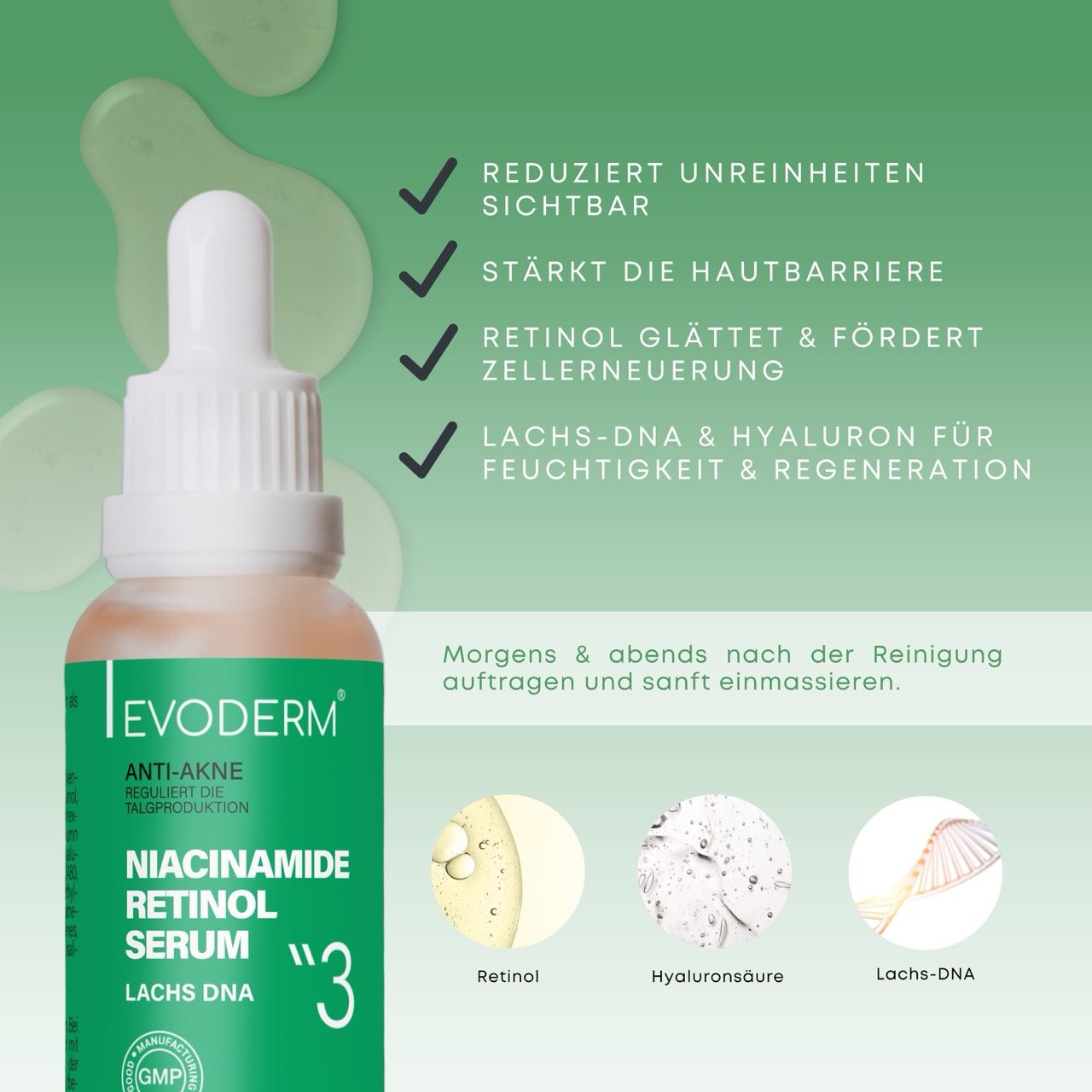 Nahaufnahme einer grünen Flasche mit Serum. Text und Inhaltsstoffe sind sichtbar. Auf der Flasche steht 'Niacinamide Retinol Serum'.