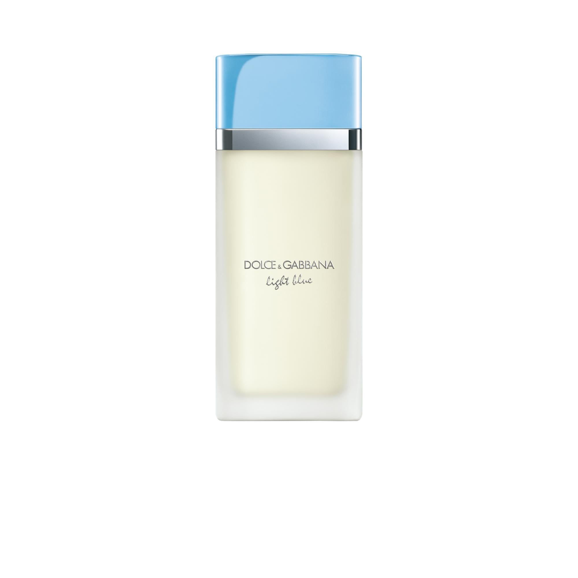 Rechteckiger Flakon mit hellblauem Deckel. Aufschrift: Dolce & Gabbana Light Blue.