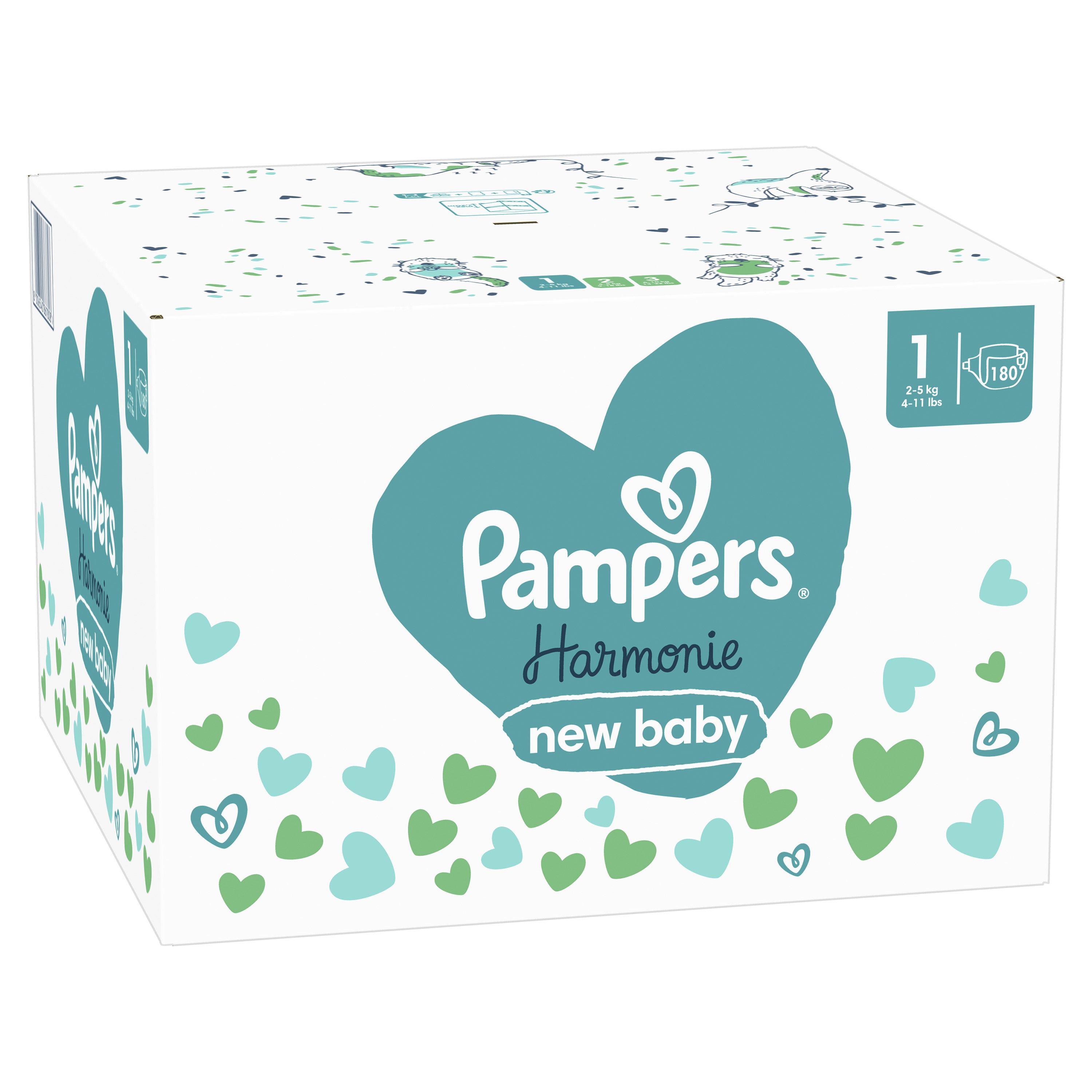 Pampers Harmonie Windeln Größe 1 (2-5 kg) Großpackung mit Herzen-Design.