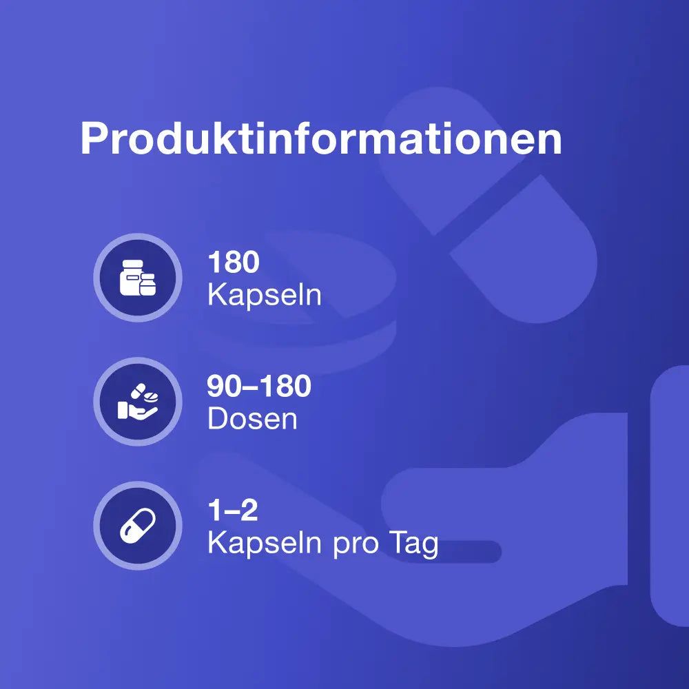 Produktinformationen: 180 Kapseln, 90-180 Dosen, 1-2 Kapseln pro Tag. Icons und Text auf blauem Hintergrund.