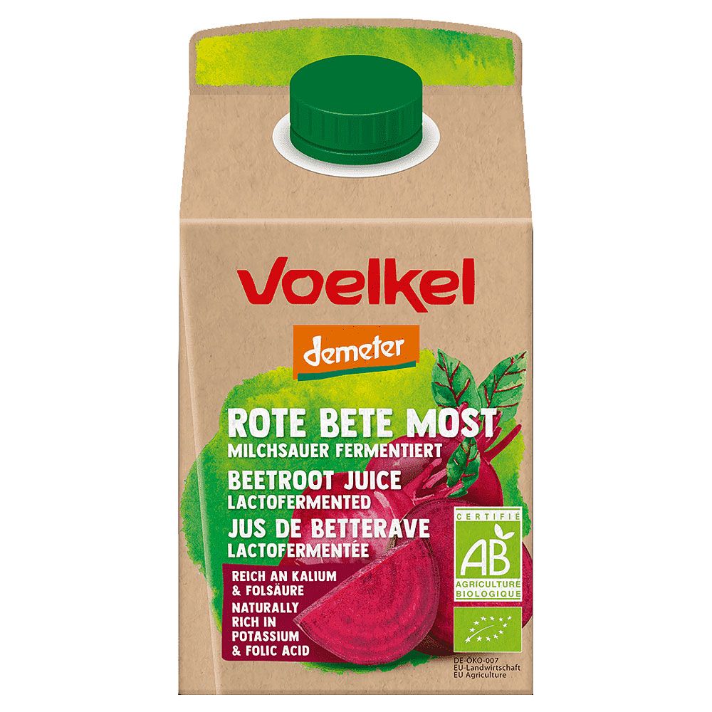 Kartonpackung mit grünem Deckel. Aufdruck: Voelkel, Demeter, Rote Bete Most, Beetroot Juice, Jus de Betterave. AB-Siegel.