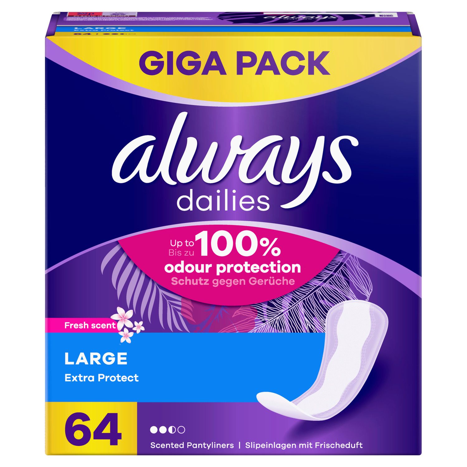 Always Dailies Gigapack Slipeinlage Extra Protect Large Fresh. Verpackung mit 64 Slipeinlagen. Lila-gelbes Design mit Produktinformationen.