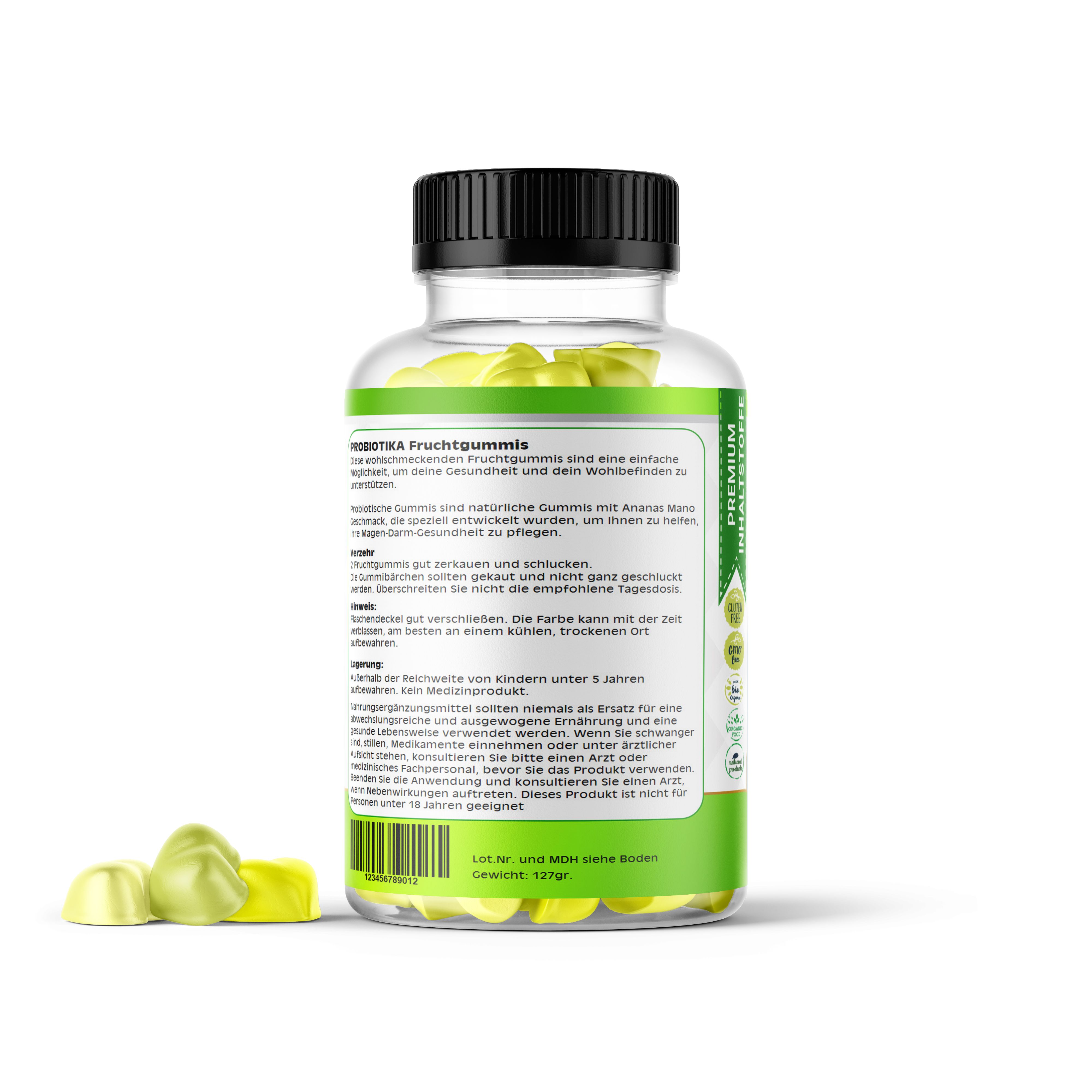Rückseite einer Flasche mit gelben Gummis. Text: Fruchtgummis, Inhaltsstoffe, Warnhinweise. Grüner Aufkleber mit Text.