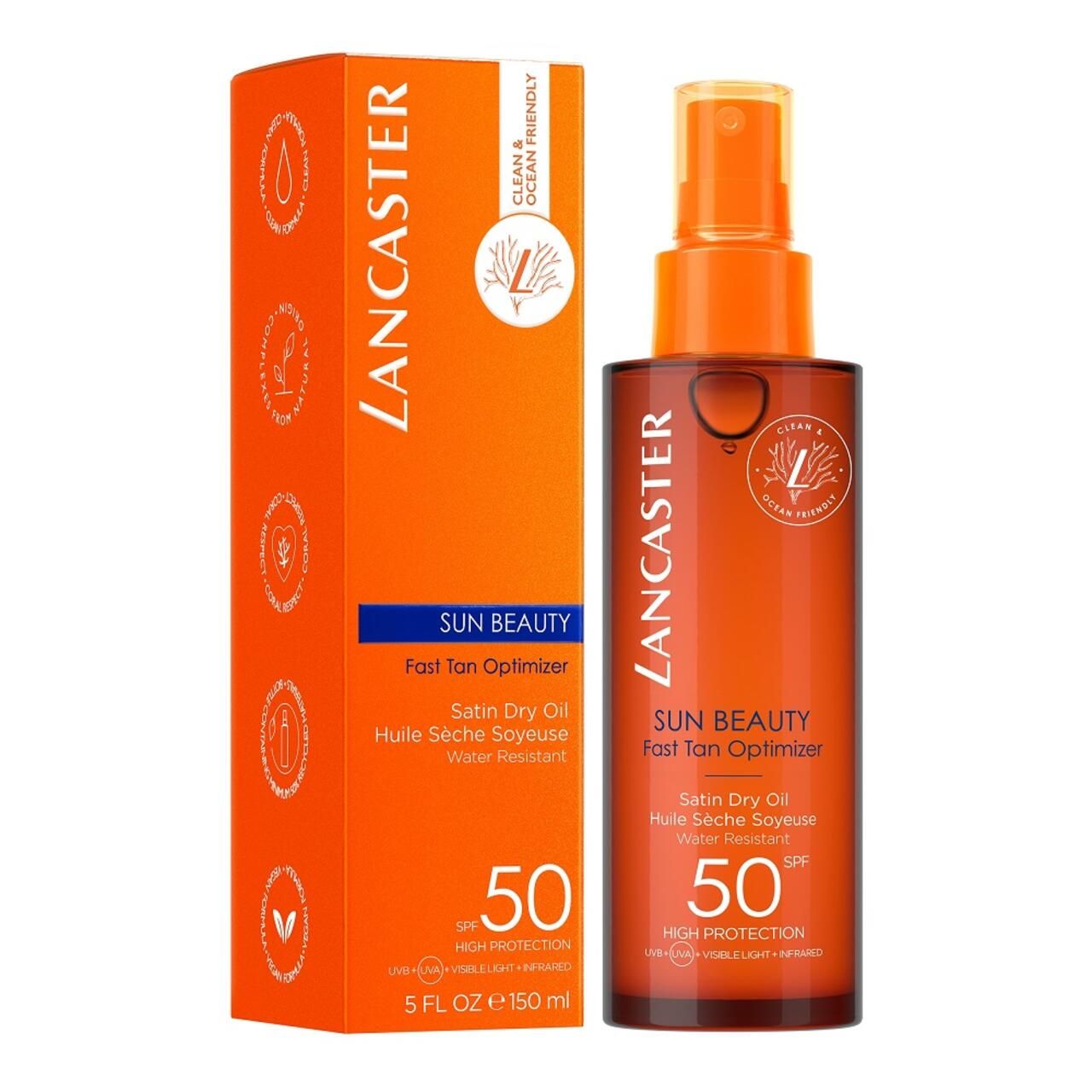Lancaster Sun Beauty Dry Oil Fast Tan Optimizer SPF50. Die Flasche und die Verpackung sind orangefarben. Das Produkt ist ein Trockenöl mit Lichtschutzfaktor 50. Die Flasche enthält 150 ml.