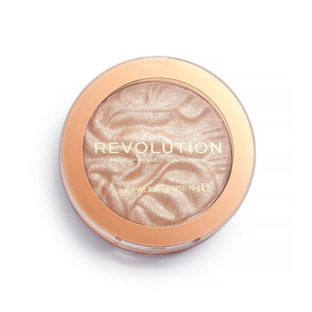 Runder Highlighter in goldfarbener Verpackung. Auf der Oberfläche steht "REVOLUTION". Gewicht: 10 g.
