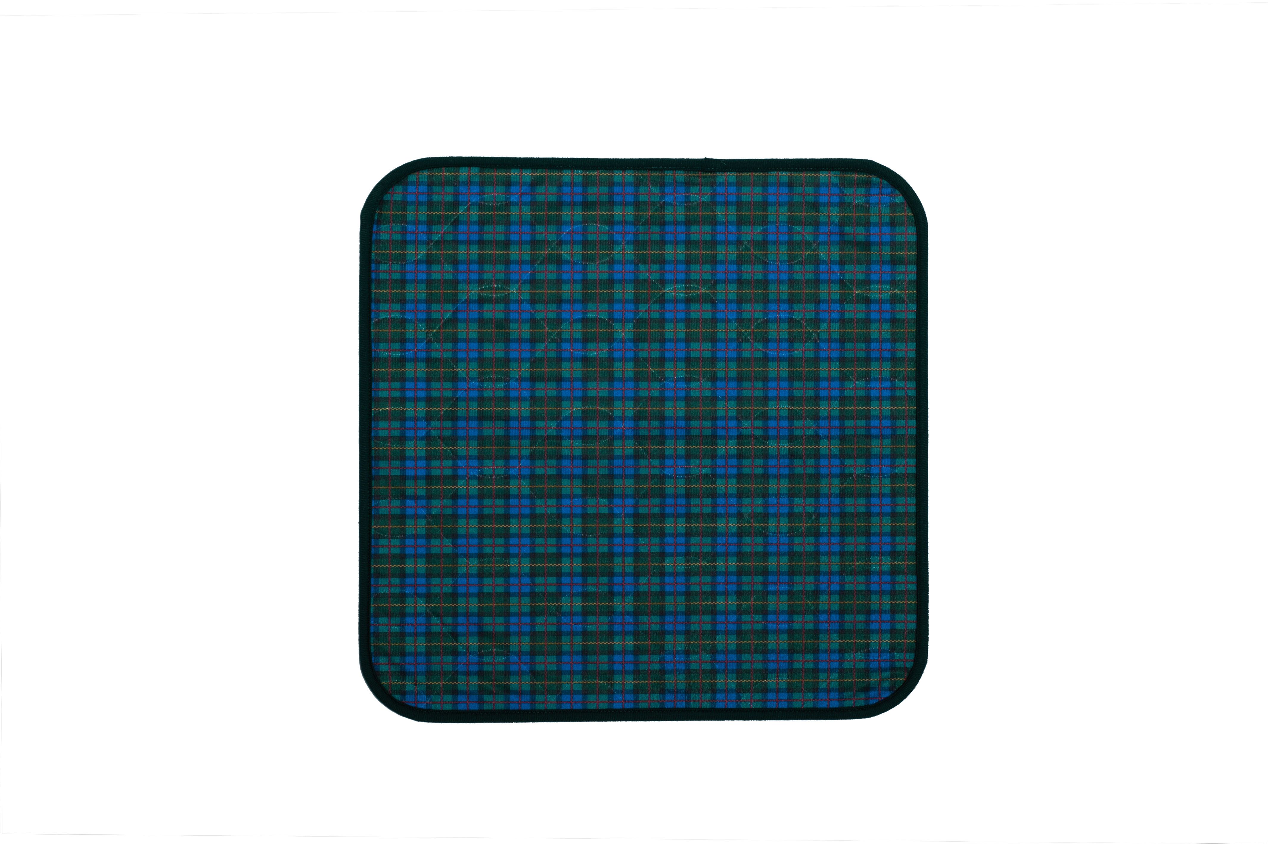 Quadratische Sitzauflage mit blau-grünem Karomuster und schwarzem Rand.