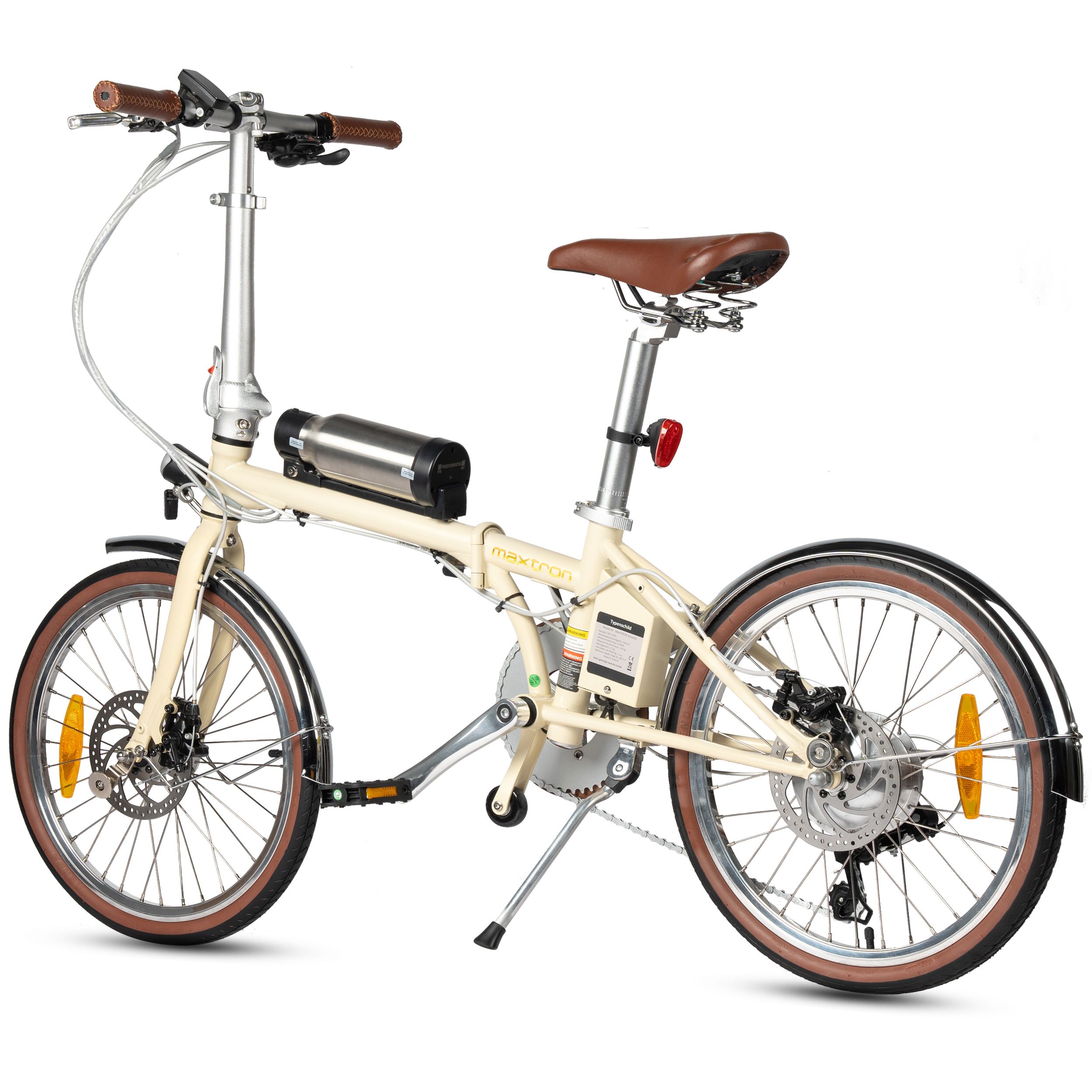 Beige E-Bike mit braunen Reifen und Sattel. Sichtbar: Motor, Akku, Schutzbleche, Bremsen. Aufschrift: Maxtron.