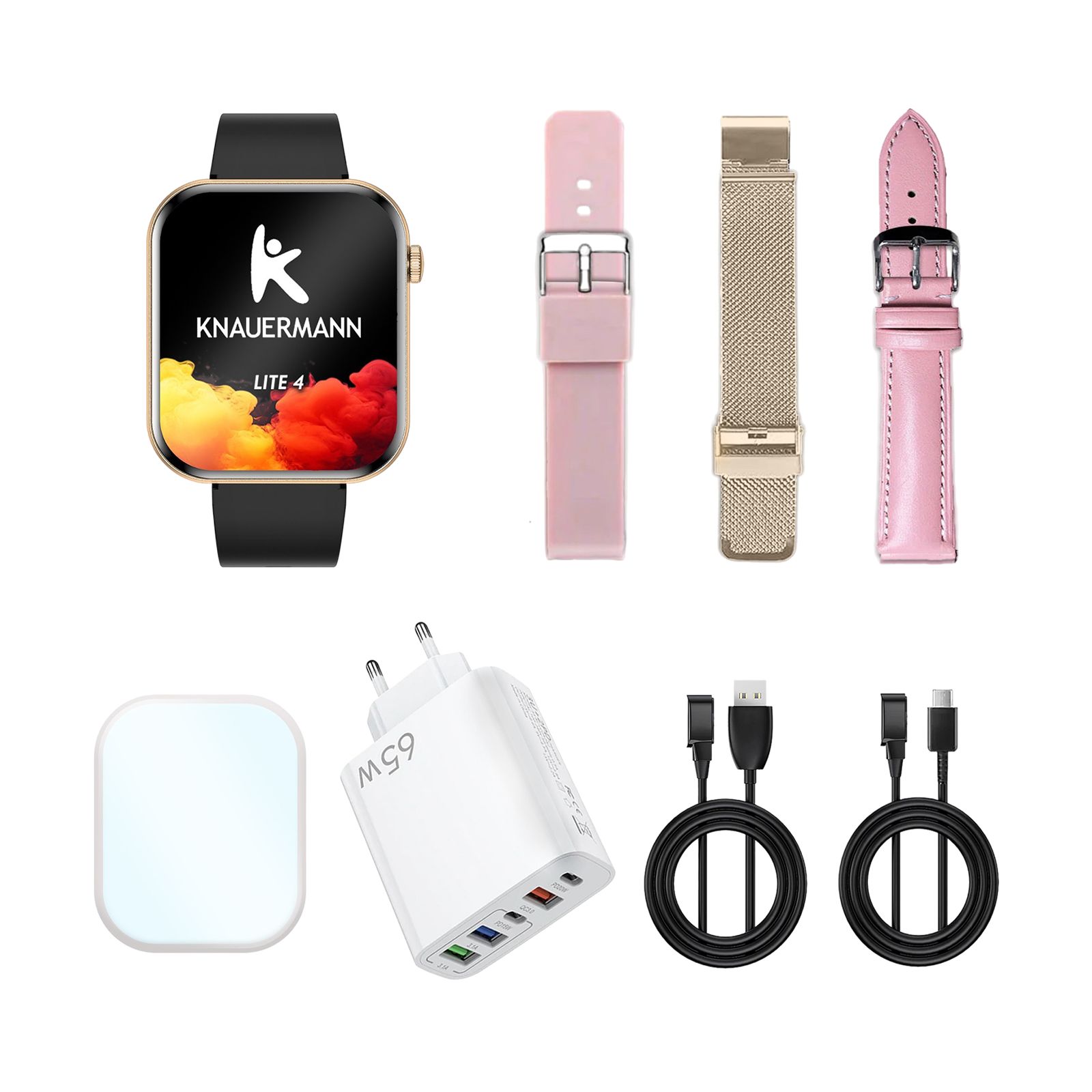 Smartwatch mit schwarzem Armband, Zubehör: rosa, goldfarbene und rosa Armbänder, Ladegerät, Ladekabel. Auf dem Display: Logo und Schriftzug.