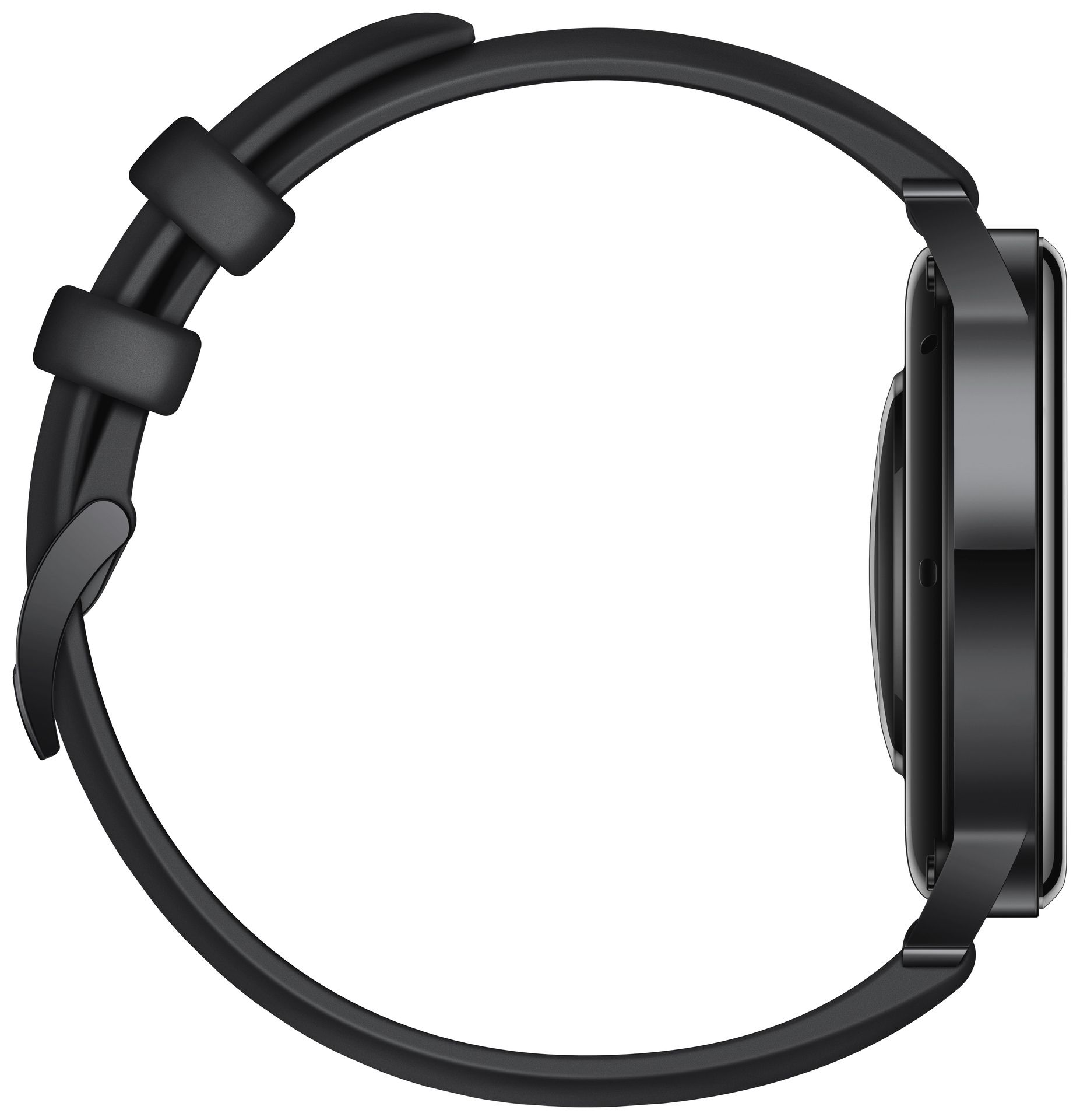 Seitenansicht einer schwarzen Smartwatch mit rundem Zifferblatt und schwarzem Armband.
