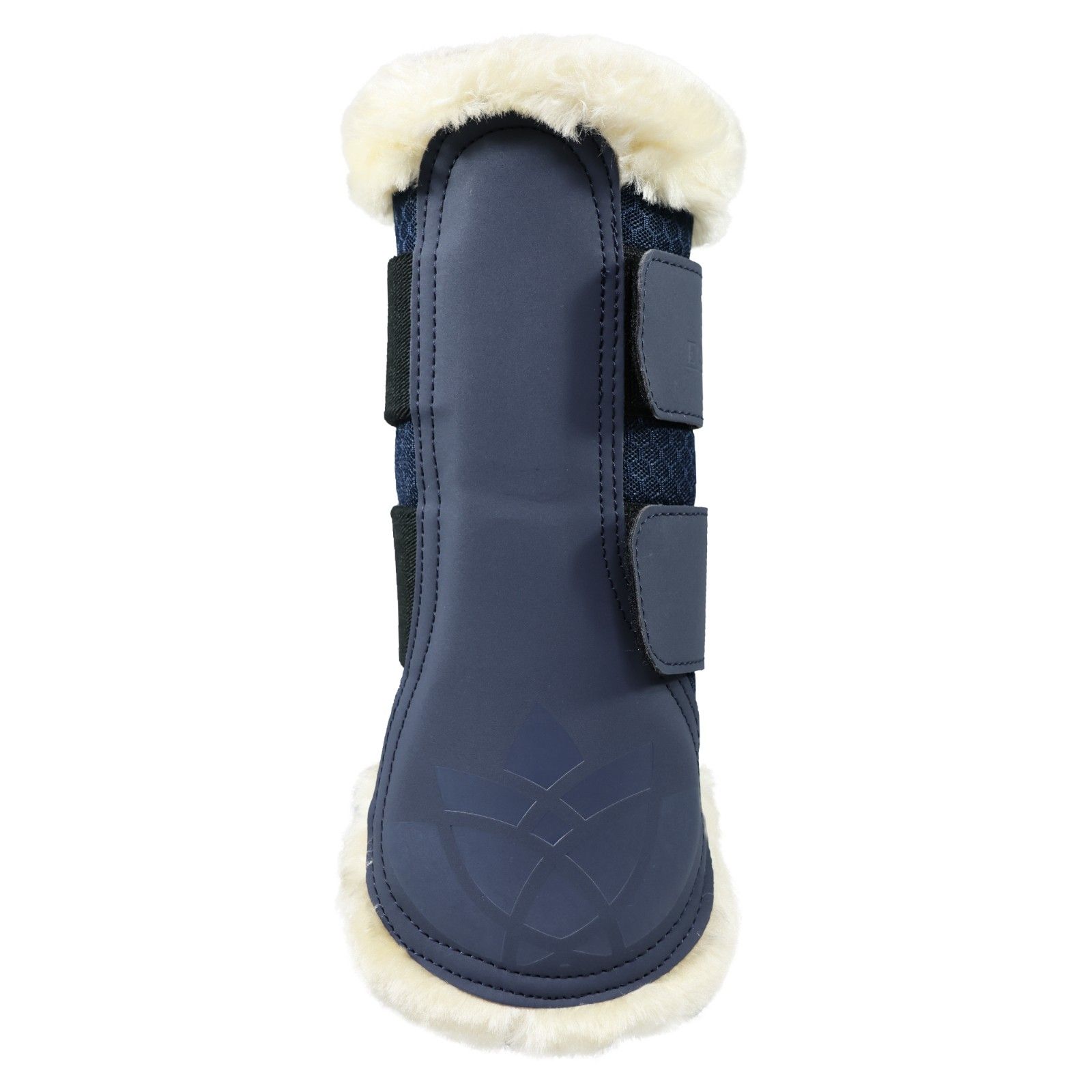 Blaue Gamasche mit Fellbesatz und Klettverschlüssen. Das Produkt hat das Logo "Equest".