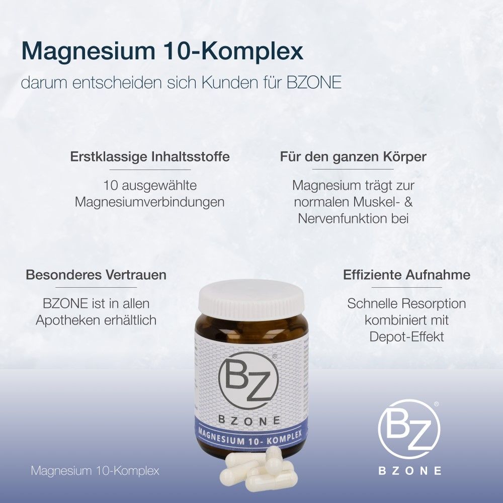 Produktabbildung mit BZONE® Magnesium 10 Komplex. Braune Flasche mit weißen Kapseln. Text: Erstklassige Inhaltsstoffe, für den ganzen Körper, BZONE.