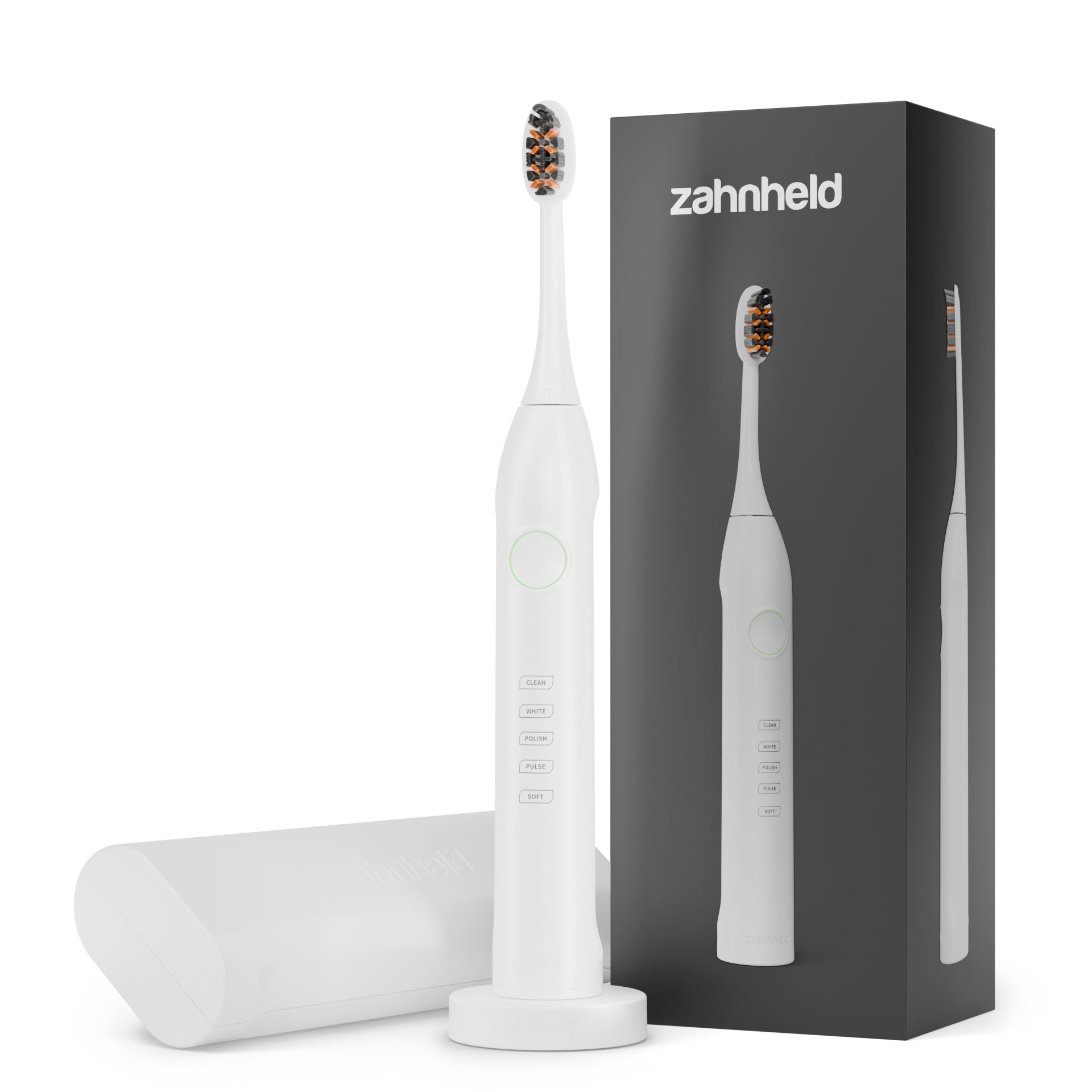 Weiße elektrische Zahnbürste mit Etui und Ladestation. Text: Zahnheld. Verpackung mit Zahnbürste und Etui.