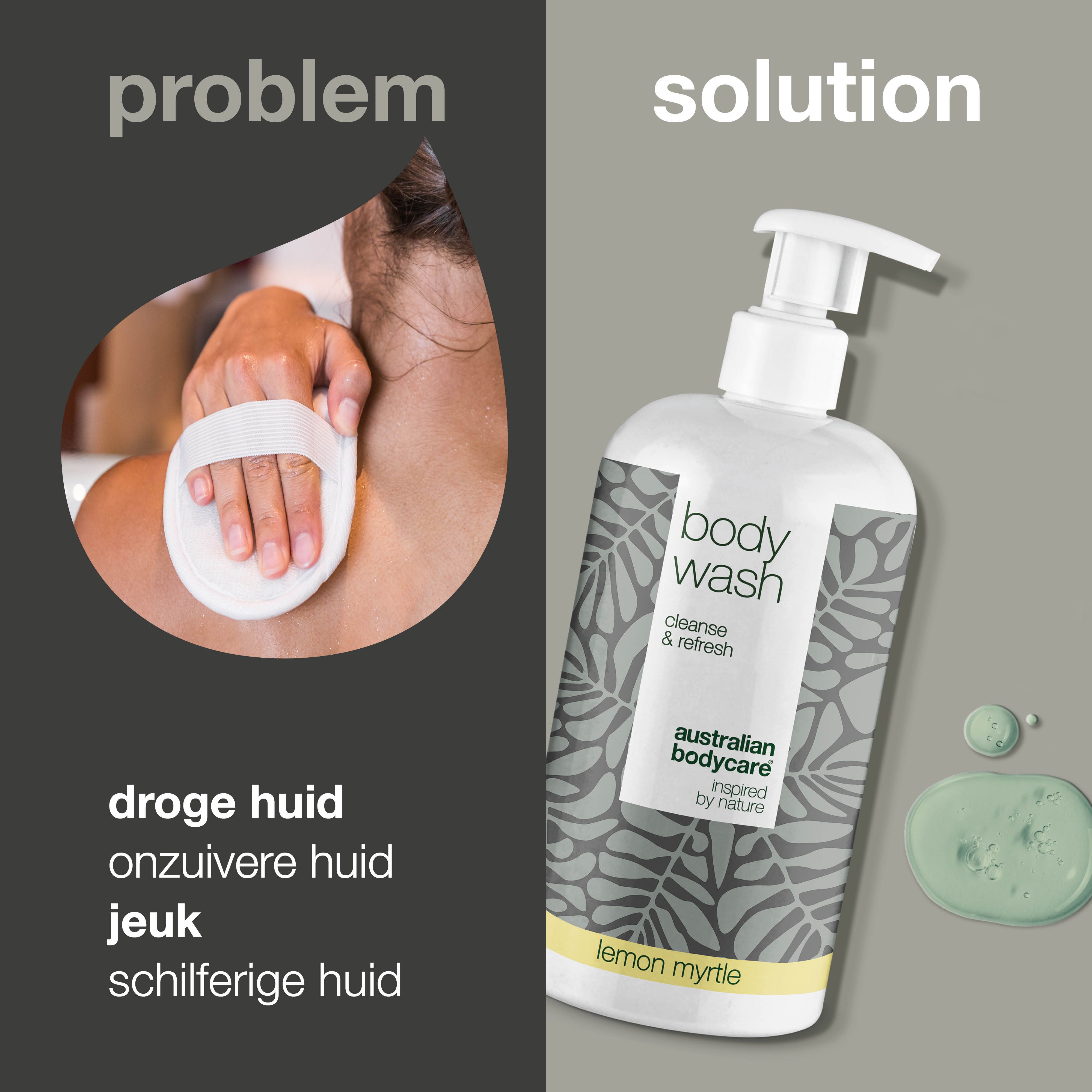 Probleem-oplossing afbeelding. Links: vrouw met spons. Rechts: fles body wash. Tekst: droge huid, onzuivere huid, jeuk, schilferige huid.
