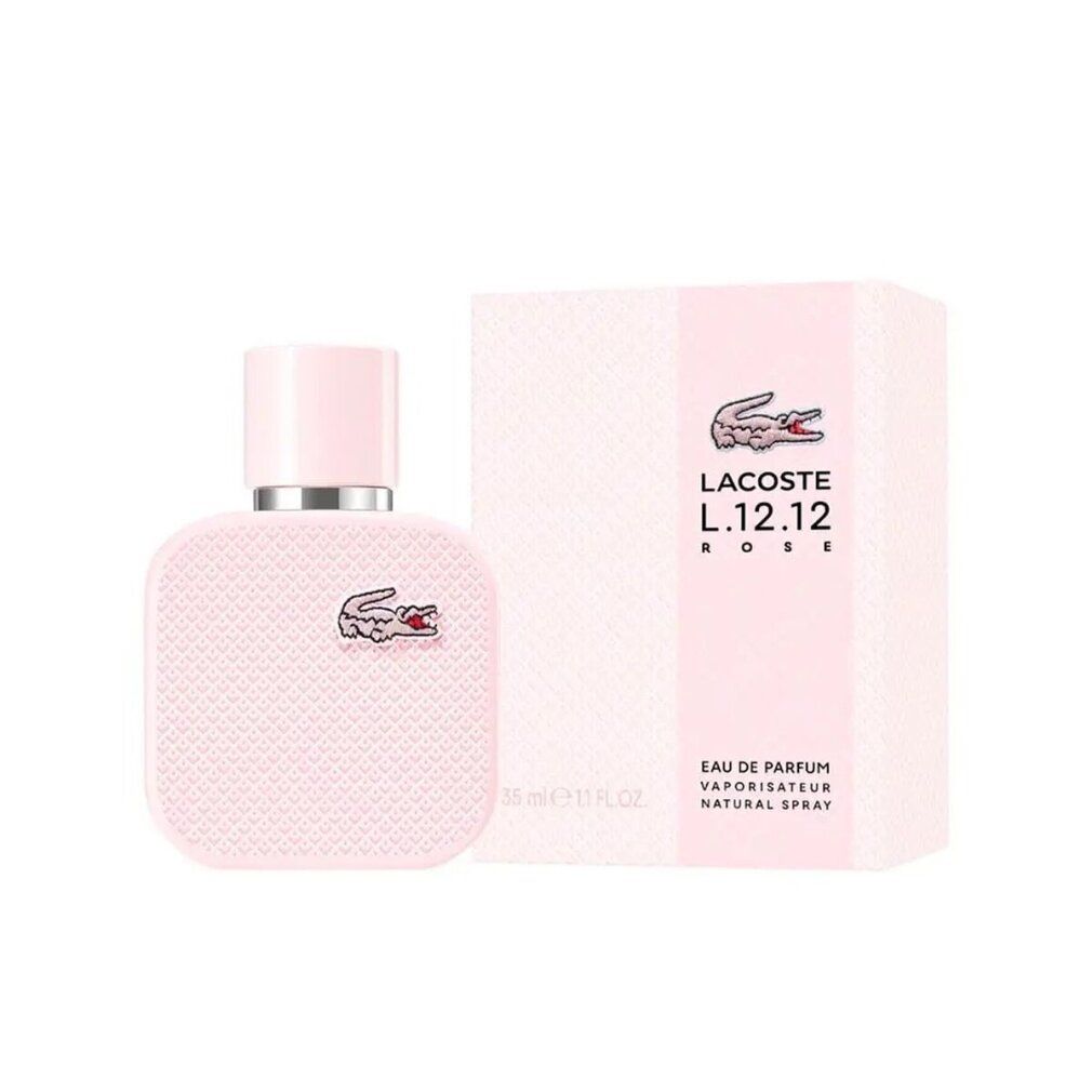 Rosa Flakon und Verpackung. Krokodil-Logo. Text: Lacoste L.12.12 Rose EdP Nat. Spray.
